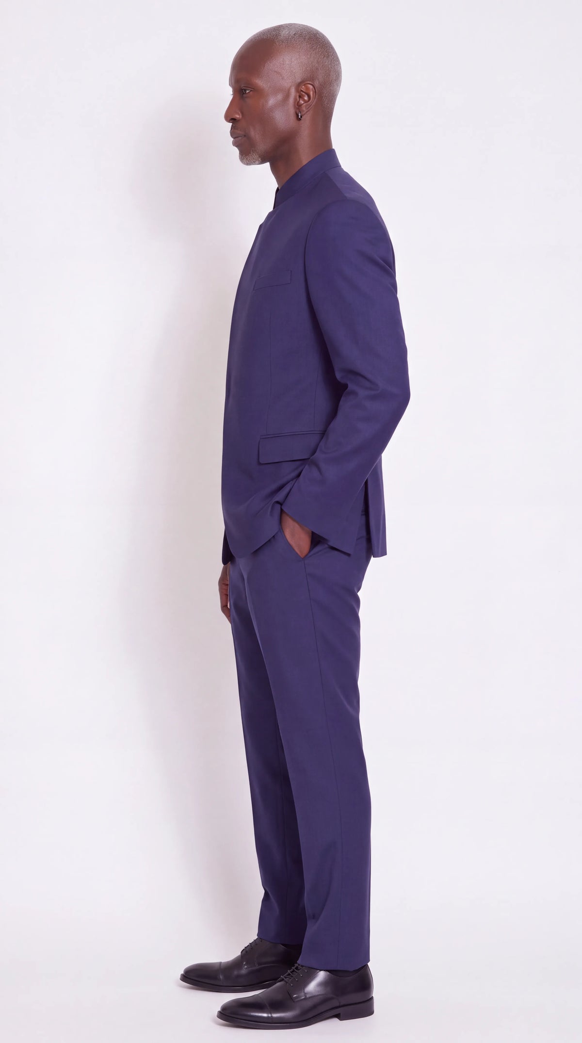 The Noir Vantage Suit — Navy Mandarin Collar Suit — side view