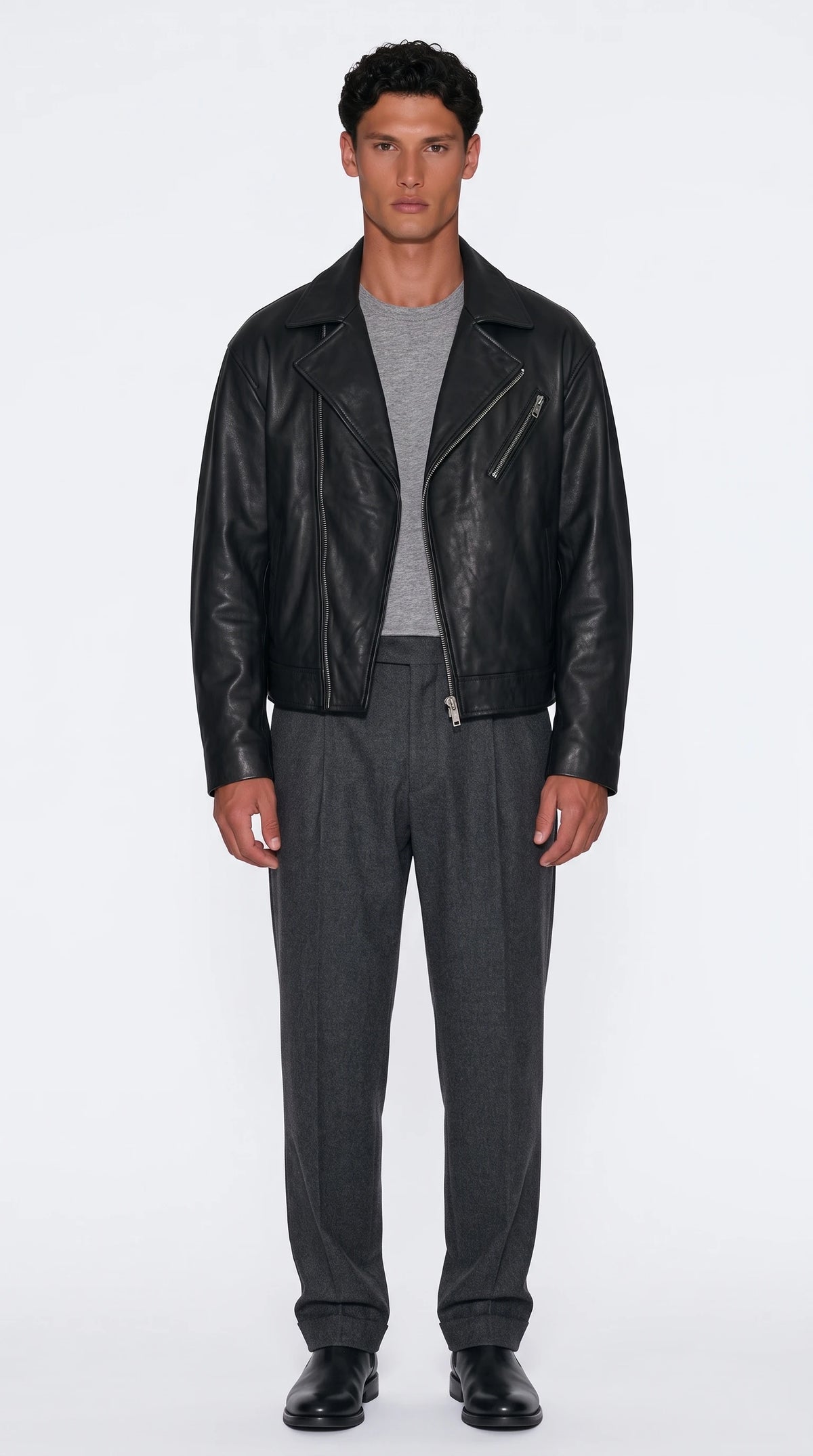 The Noir Vauxhall black lambskin leather biker jacket by Christopher Noir, front view