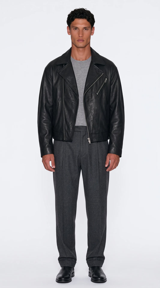 The Noir Vauxhall black lambskin leather biker jacket by Christopher Noir, front view
