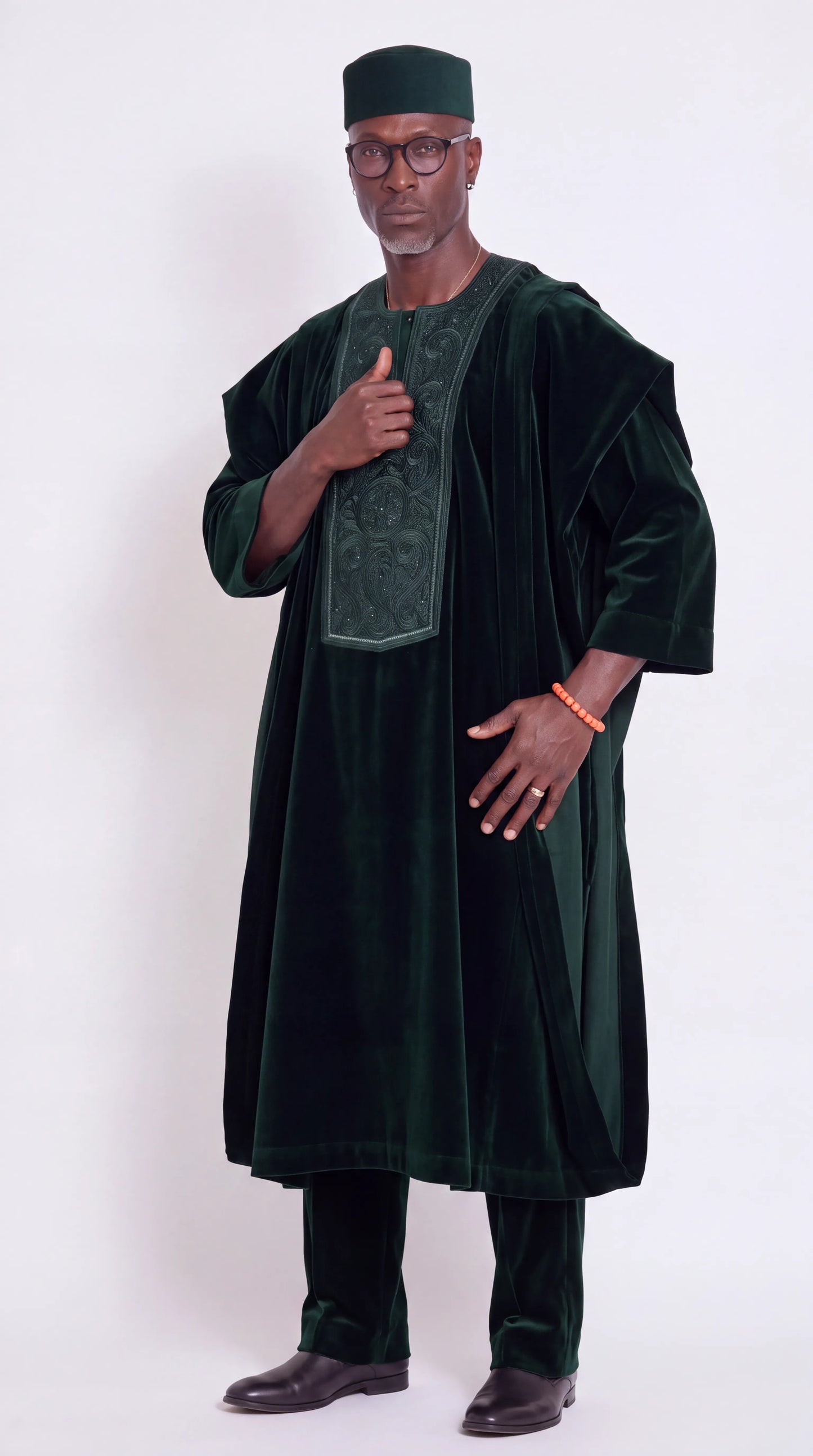Noir Verdure Agbada — emerald green men's agbada set with tonal embroidered chest panel, front view