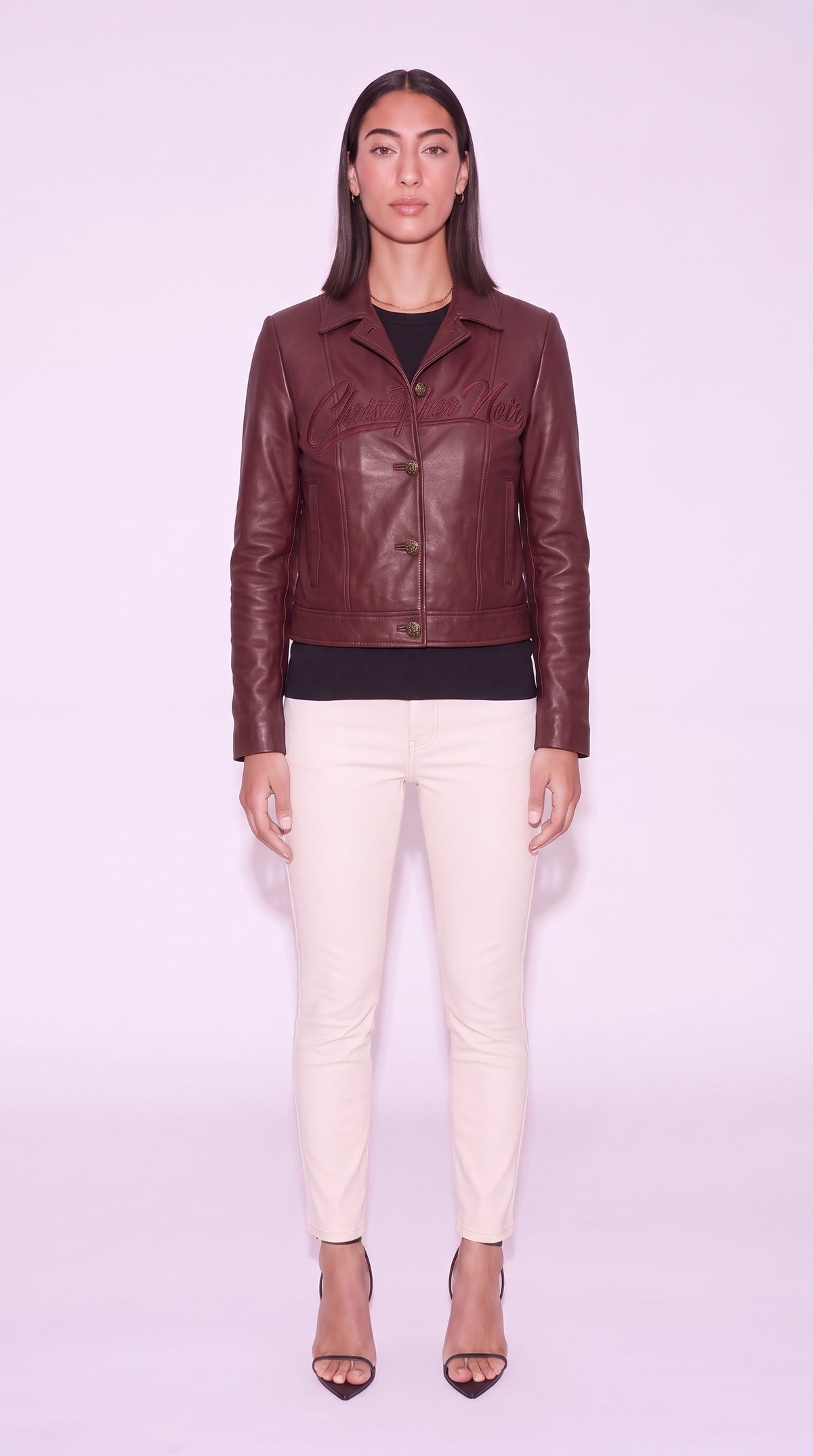 Noir Vespera Jacket — Burgundy Leather Jacket (Unisex) – on model, Christopher Noir