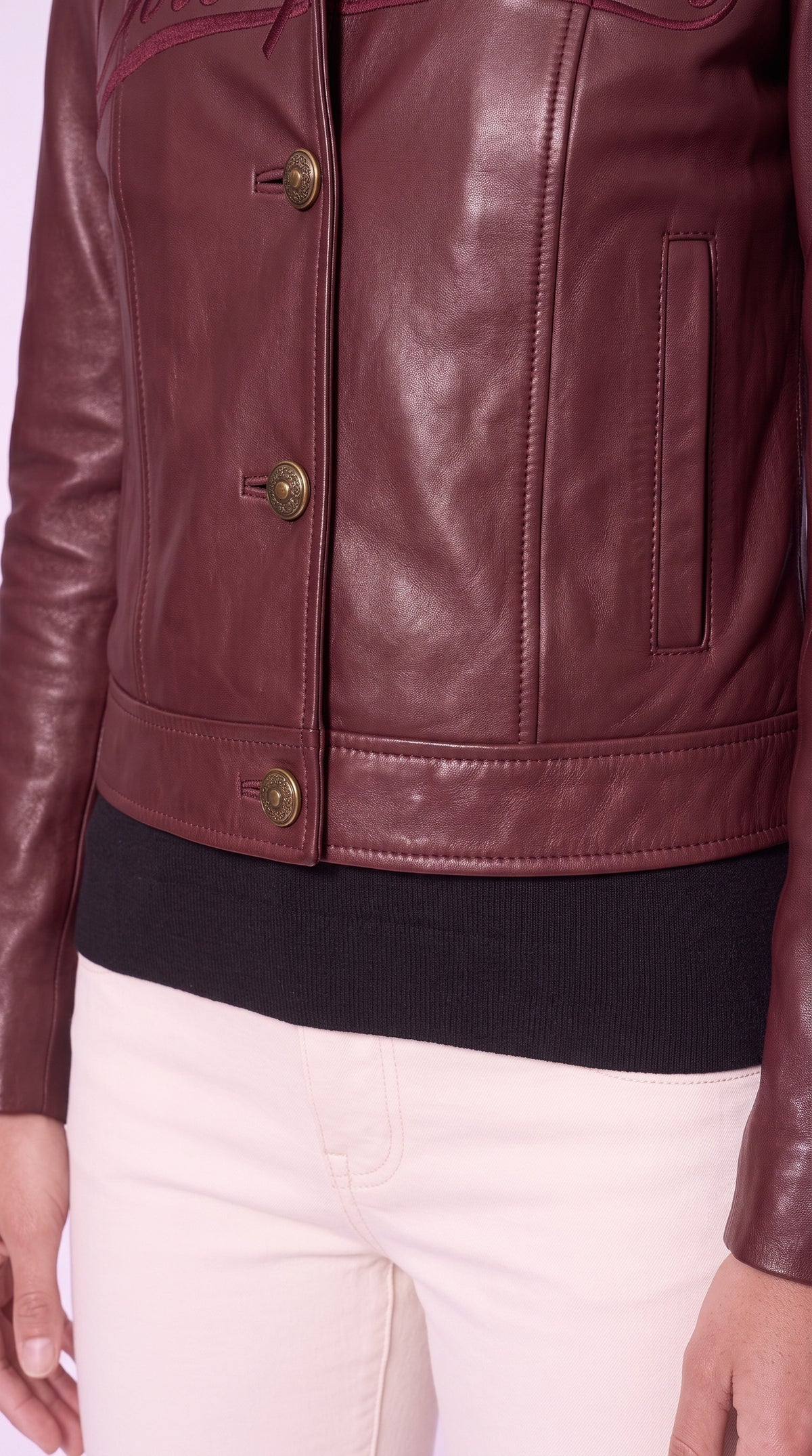 Noir Vespera Jacket — Burgundy Leather Jacket (Unisex) – detail close-up, Christopher Noir