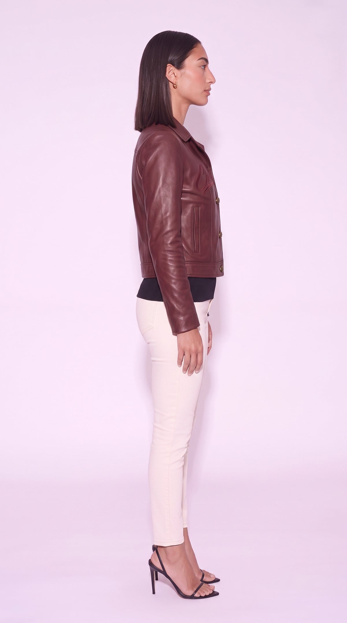 Noir Vespera Jacket — Burgundy Leather Jacket (Unisex) – side profile, Christopher Noir