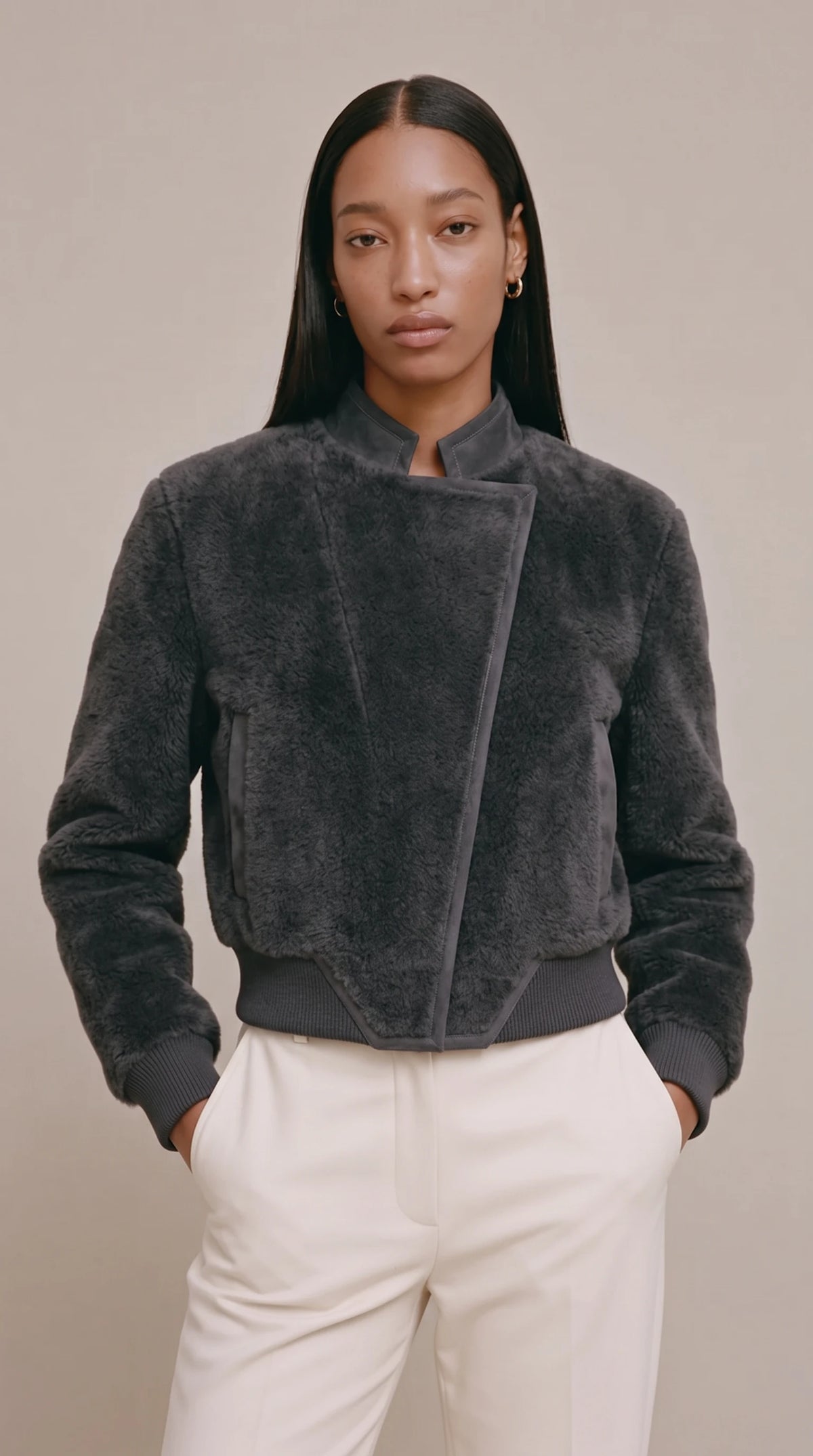 The Noir Westray charcoal shearling bomber jacket with suede-trimmed stand collar and wide overlapping front