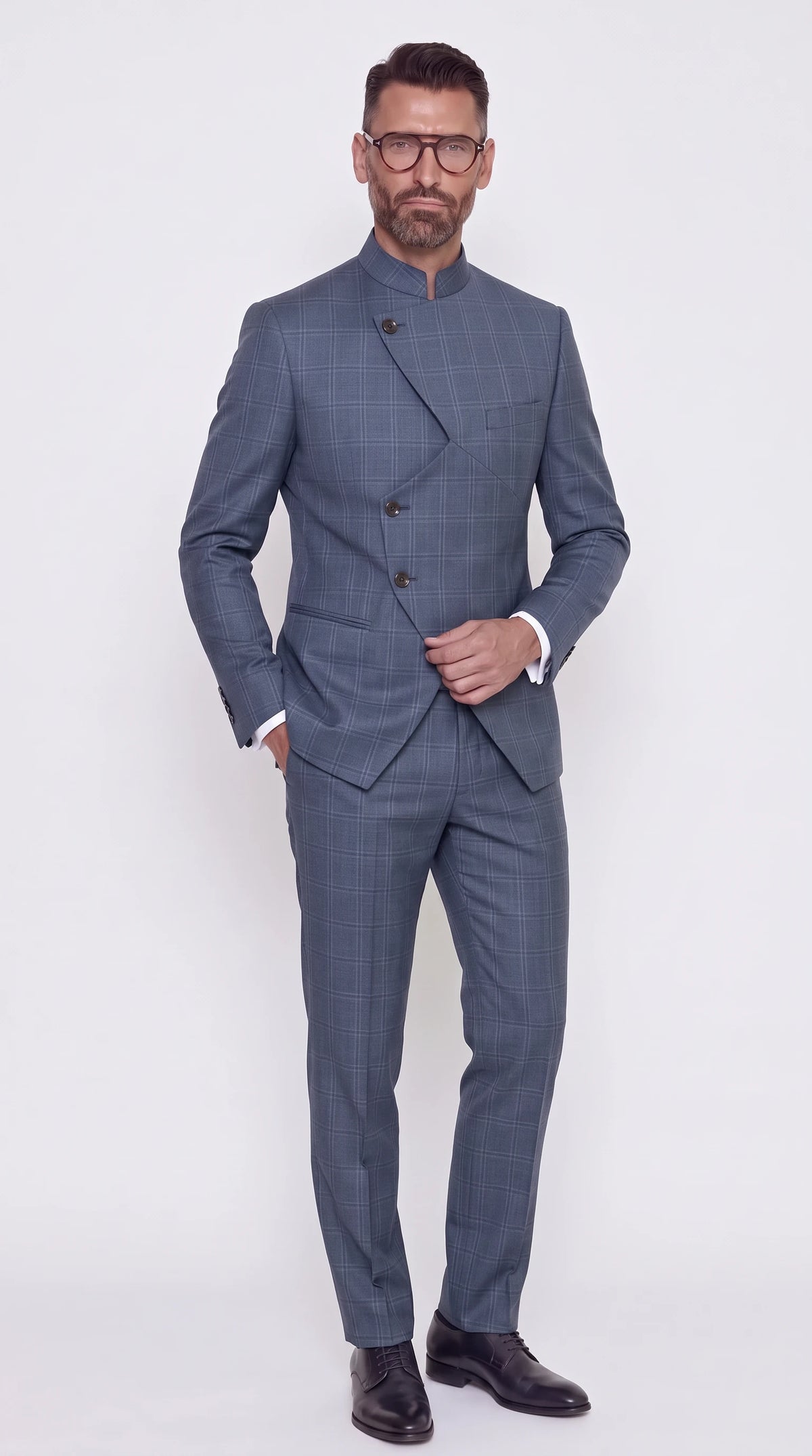 The Noir Windowpane Suit — Steel Blue Check Stepped-Wrap Suit — front view, windowpane check, mandarin collar and stepped three-button front, Christopher Noir
