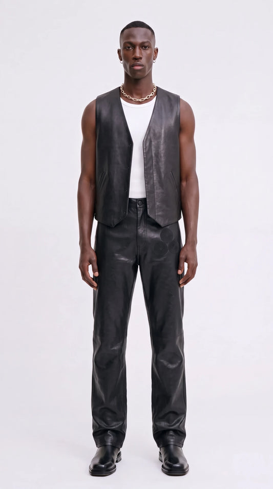 The Noir Yell black leather V-neck waistcoat with pointed front hem, worn over a white vest
