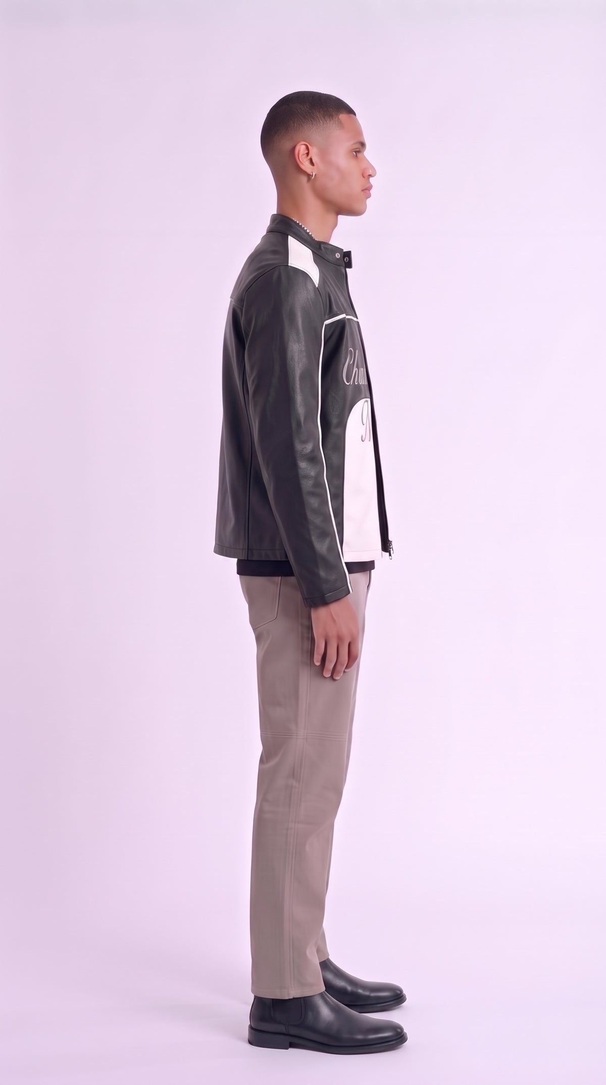 Original CNOIR Statement Jacket in Premium Vegan Leather (Unisex) – side profile, Christopher Noir