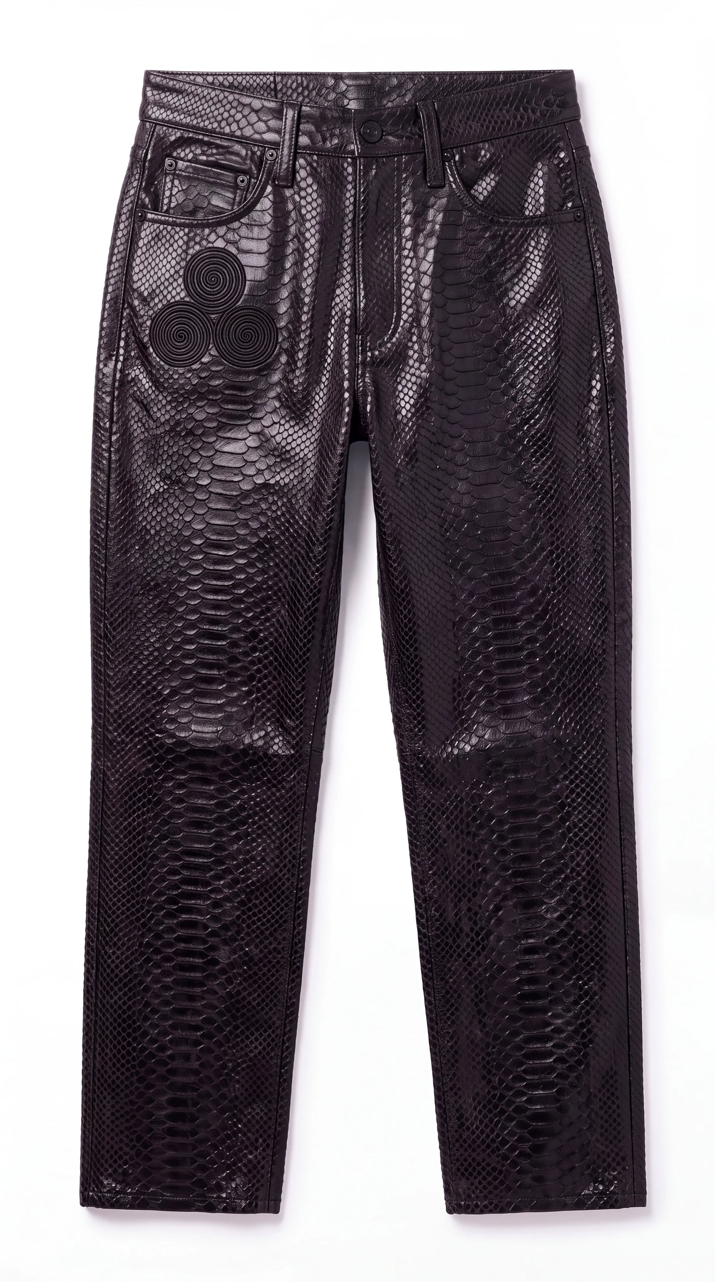 The Noir Serpent Matte — Python-Embossed Leather Straight-Leg Jeans