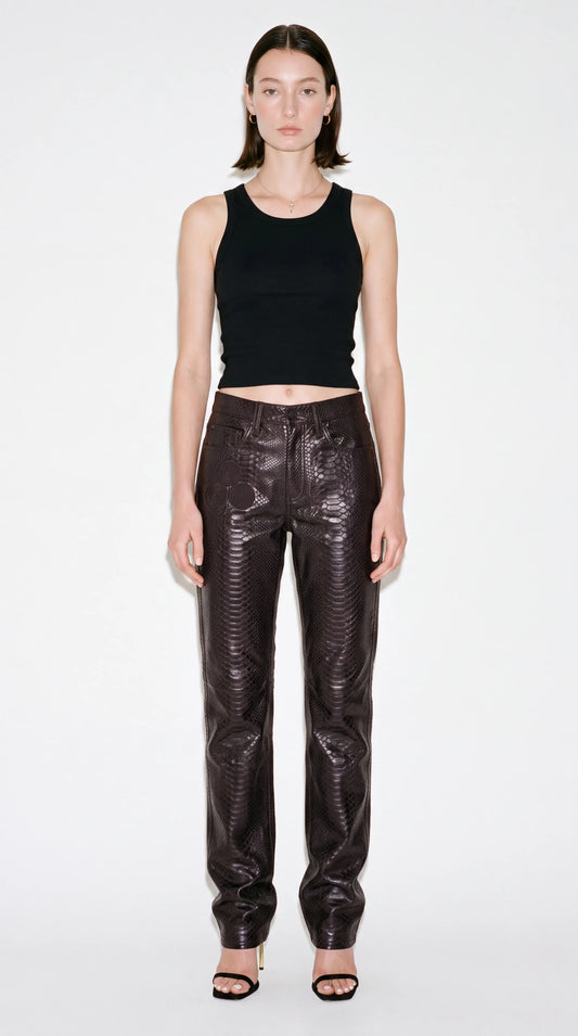 The Noir Serpent Matte — Python-Embossed Leather Straight-Leg Jeans