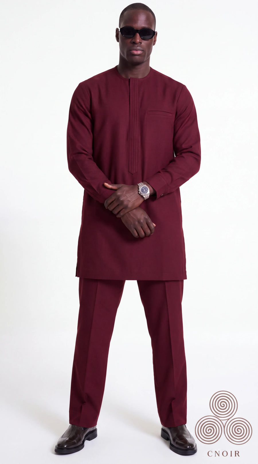 Burgundy pleat-front minimal senator kaftan — CNOIR