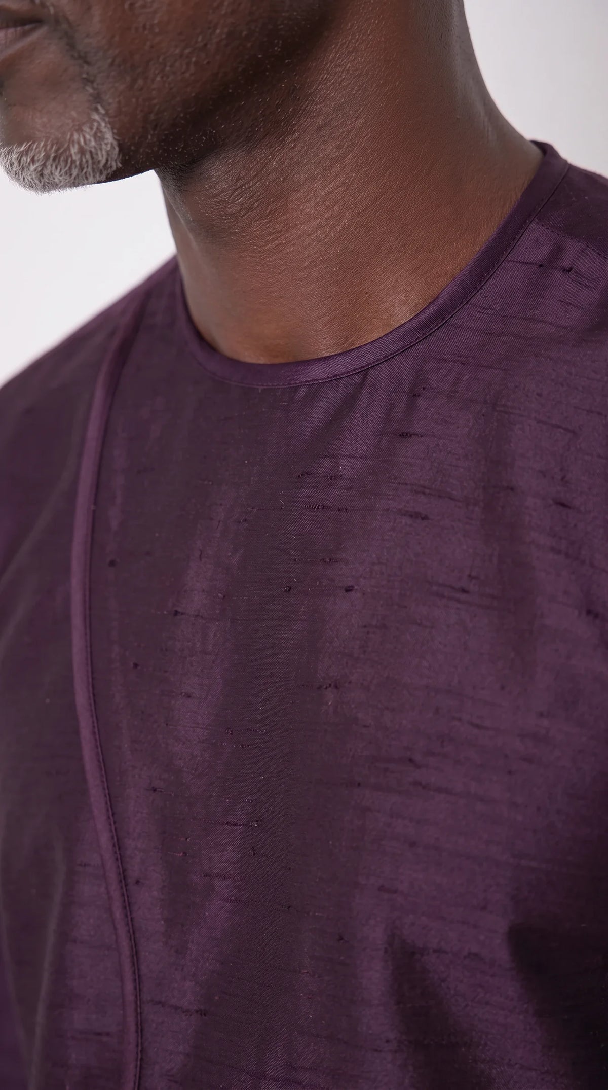 Plum Curved-Panel Kaftan Set — neckline and front detail