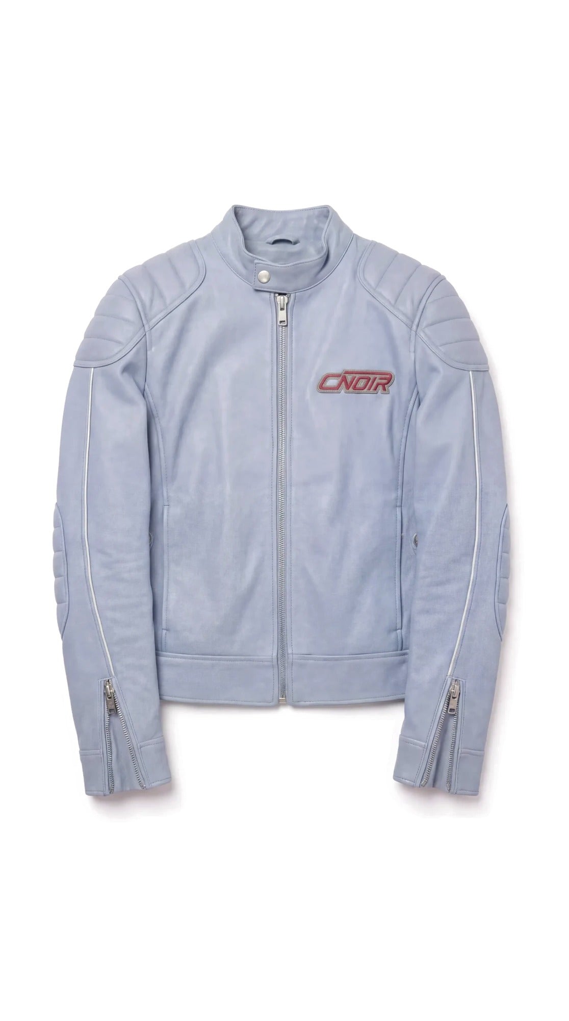 The Noir Powder Blue Racer — Padded Racer Jacket (Unisex) – flatlay, Christopher Noir