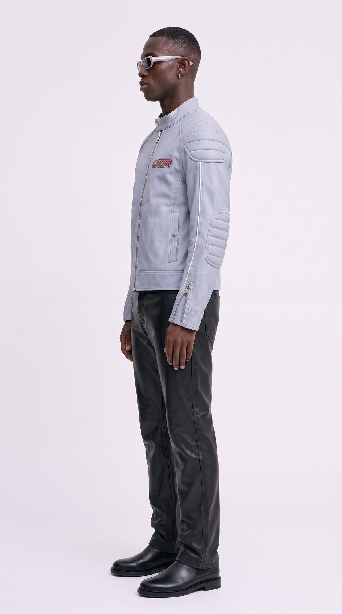The Noir Powder Blue Racer — Padded Racer Jacket (Unisex) – side profile, Christopher Noir