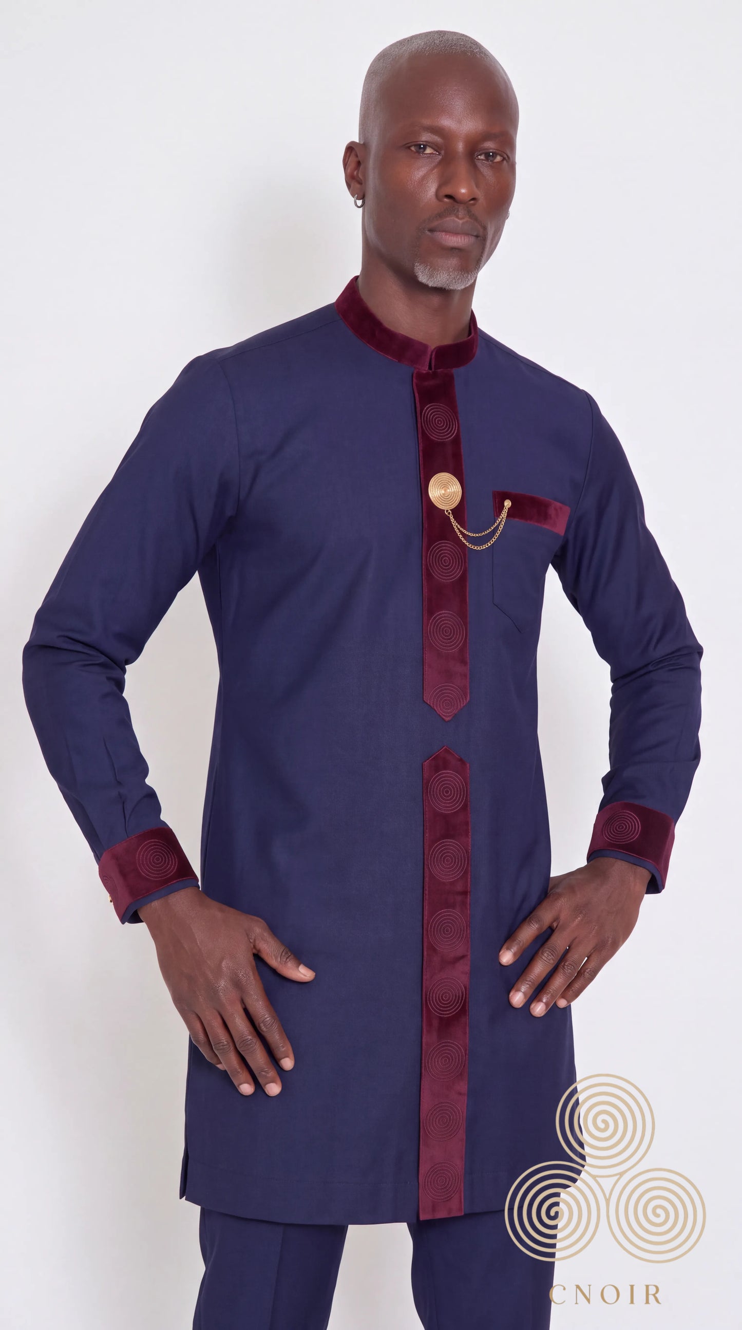 Navy & Burgundy Velvet-Trim Kaftan