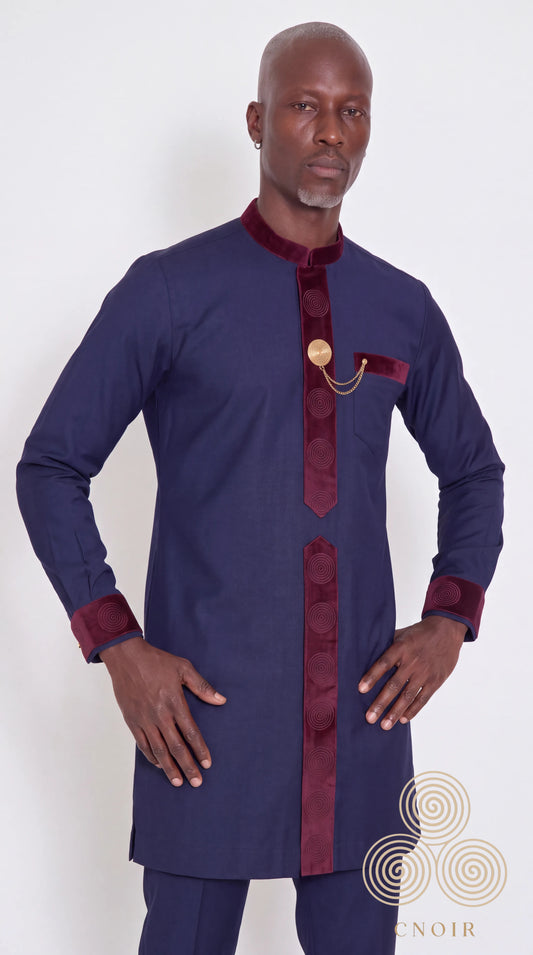 Navy & Burgundy Velvet-Trim Kaftan