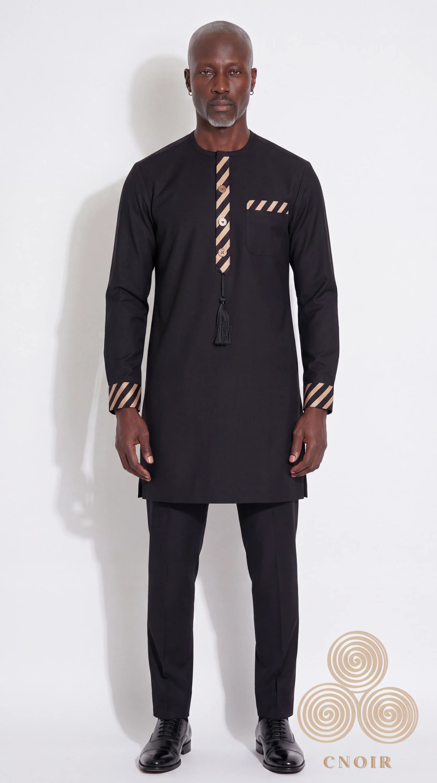 Black Champagne Stripe-Trim Tassel Kaftan