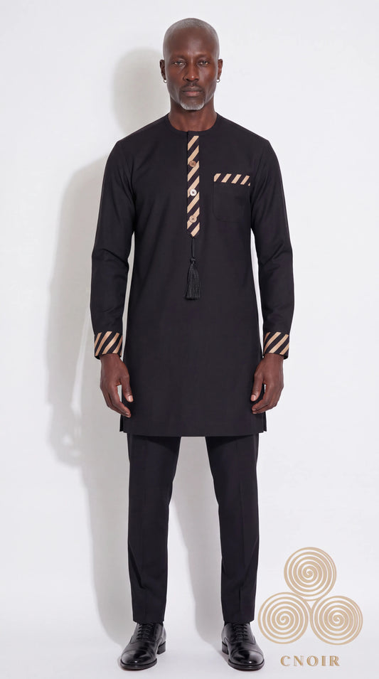Black Champagne Stripe-Trim Tassel Kaftan