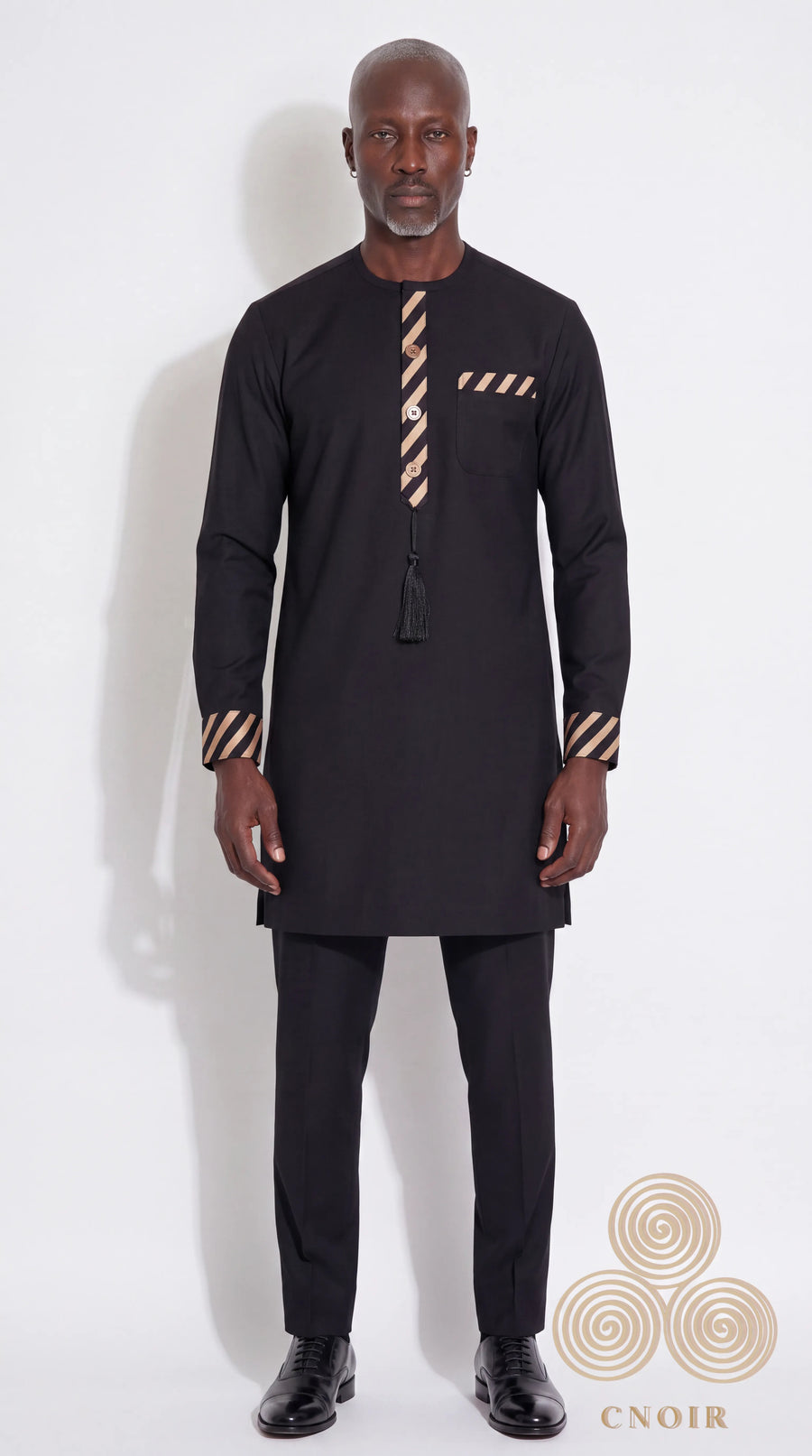 Black kaftan with champagne diagonal-stripe placket — CNOIR