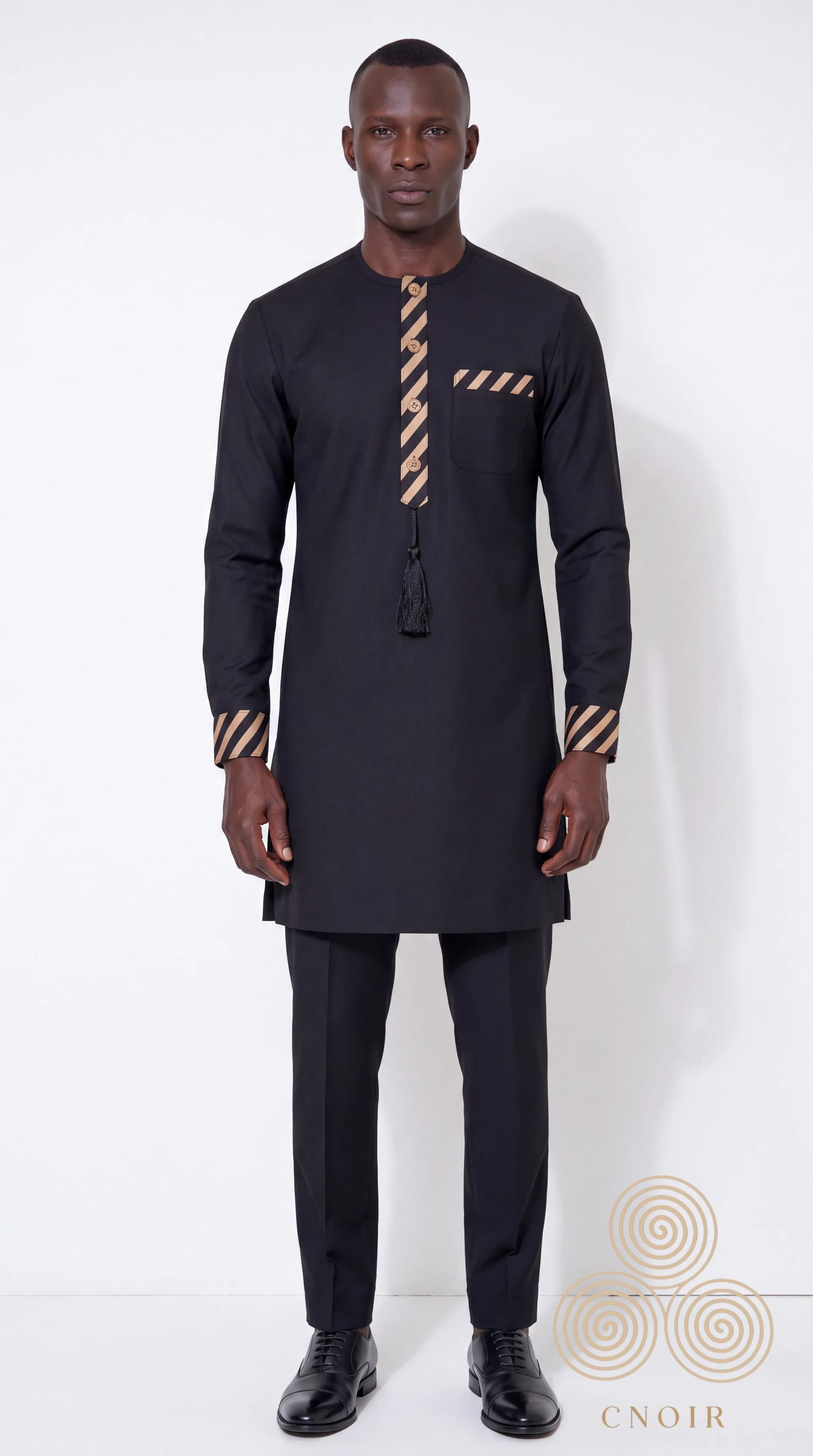 Black Champagne Stripe-Trim Tassel Kaftan