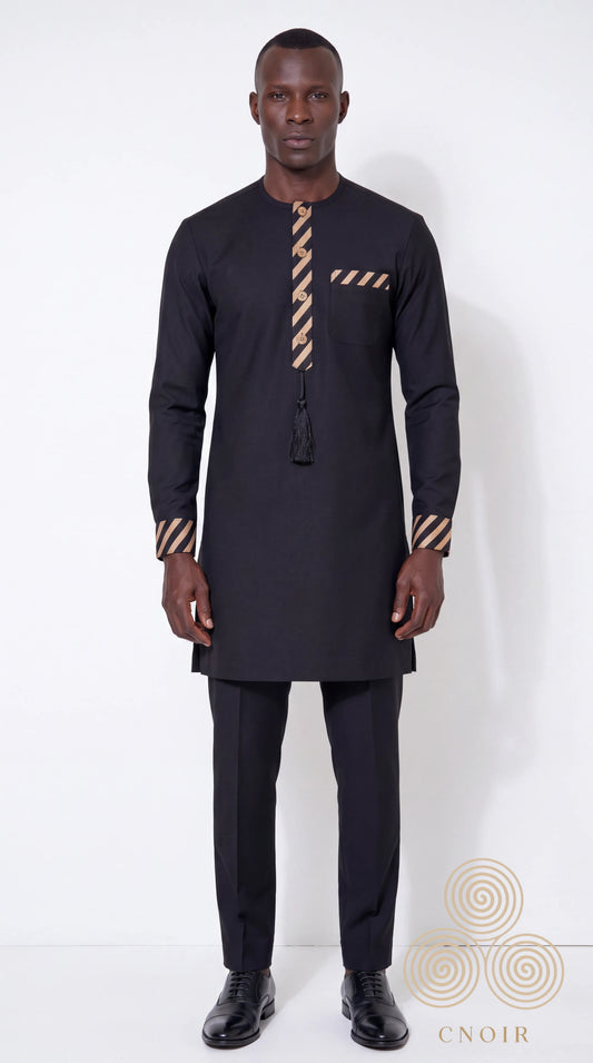 Black Champagne Stripe-Trim Tassel Kaftan