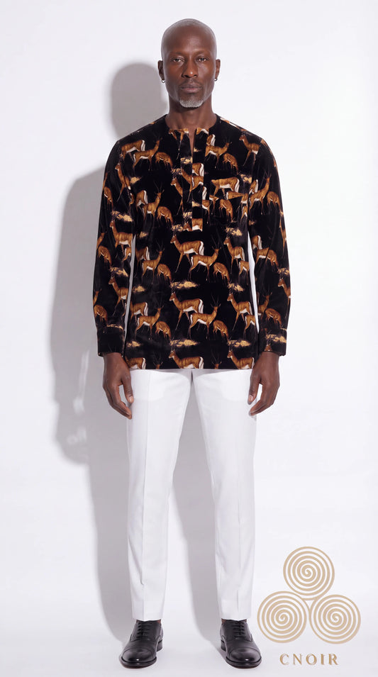 Velvet Isi Agu Shirt — Antelope Print (Black)