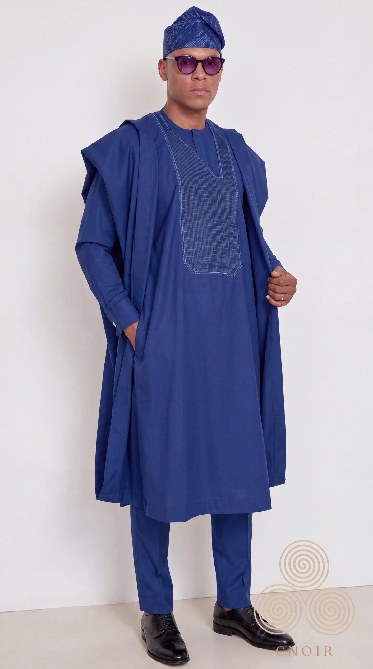 Noir Marine navy three-piece agbada set with geometric chest panel — CNOIR