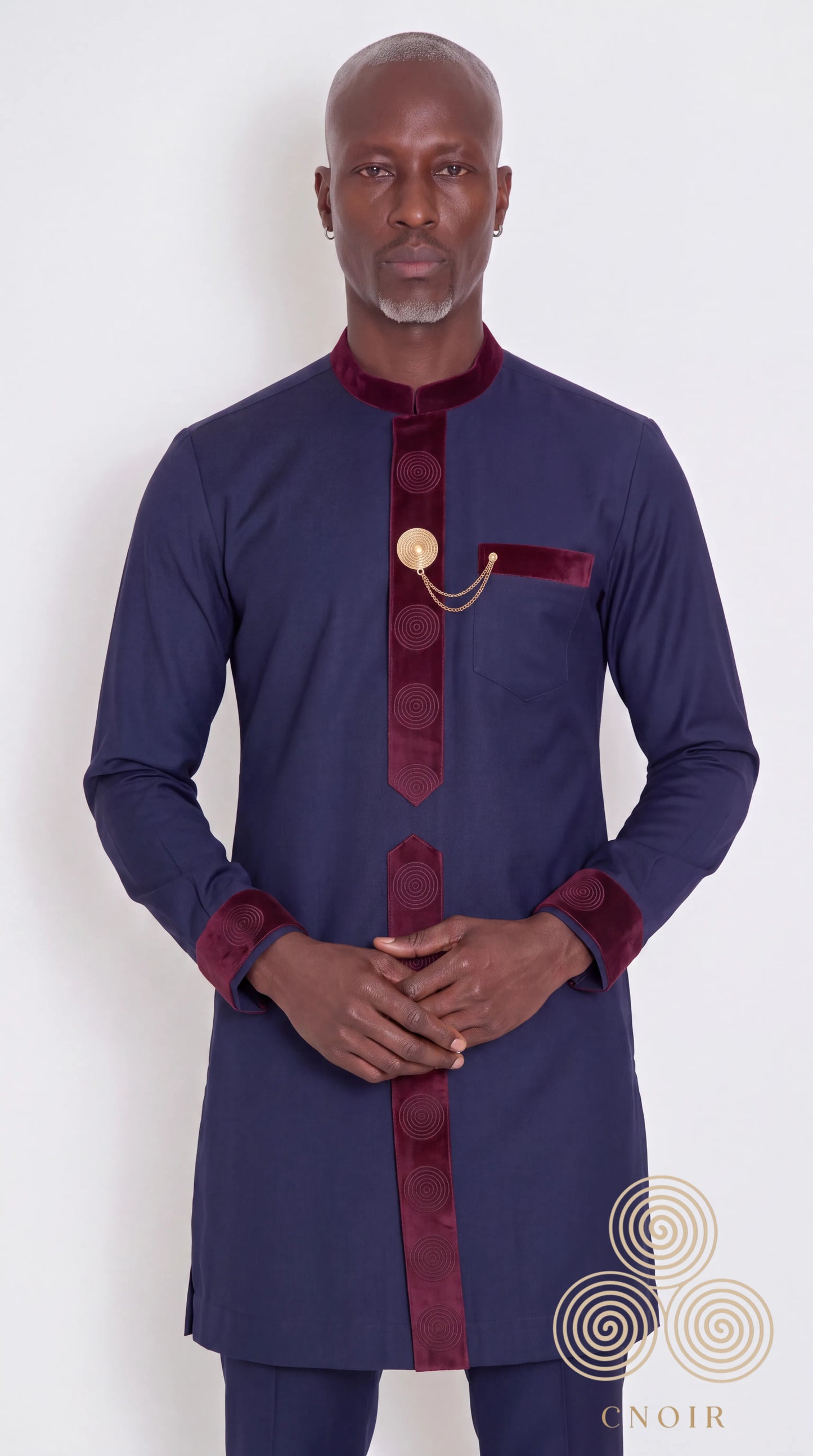 Navy & Burgundy Velvet-Trim Kaftan