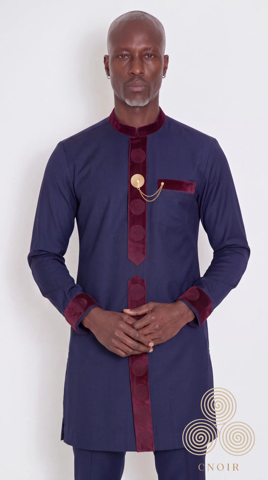 Navy & Burgundy Velvet-Trim Kaftan