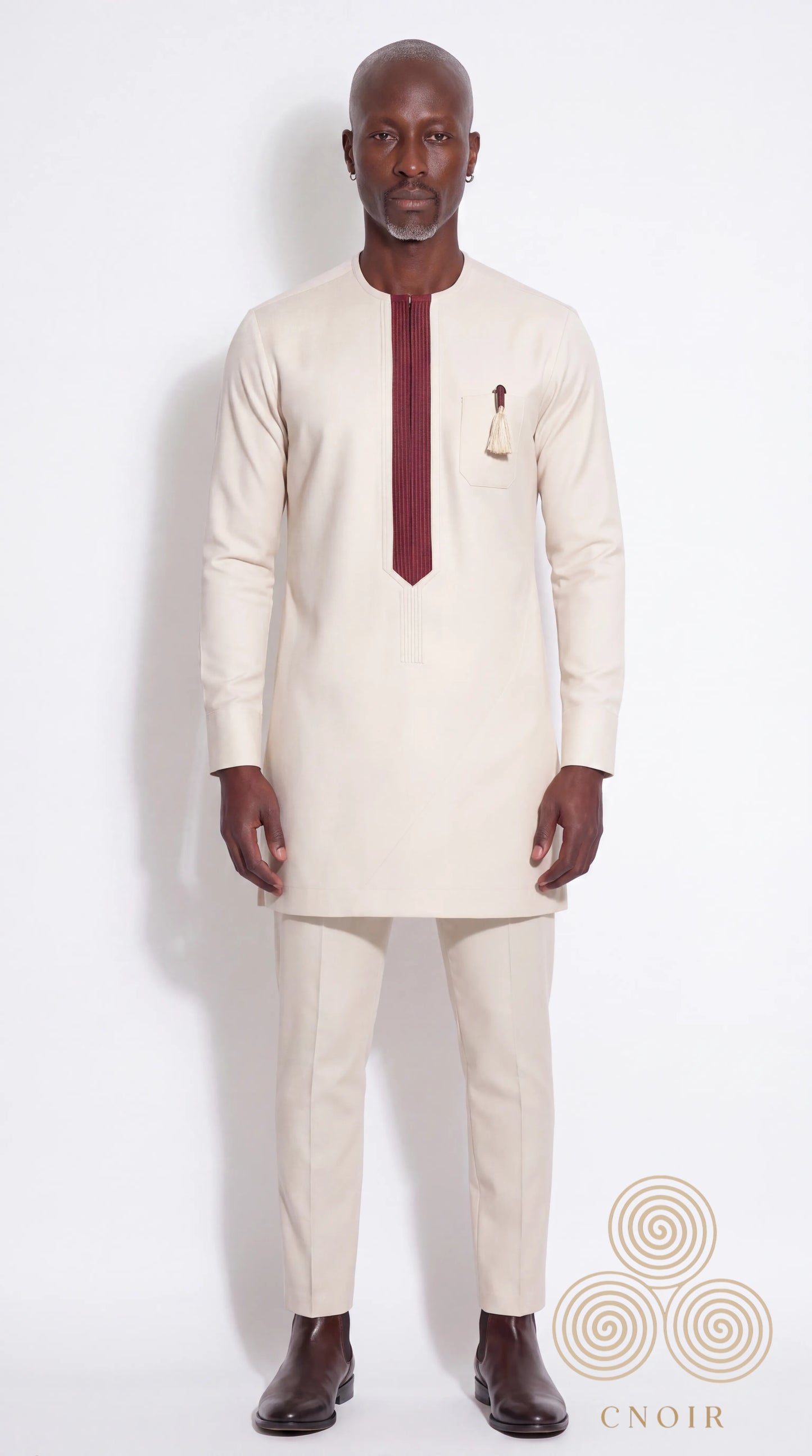 Ivory Burgundy Pleat-Panel Kaftan