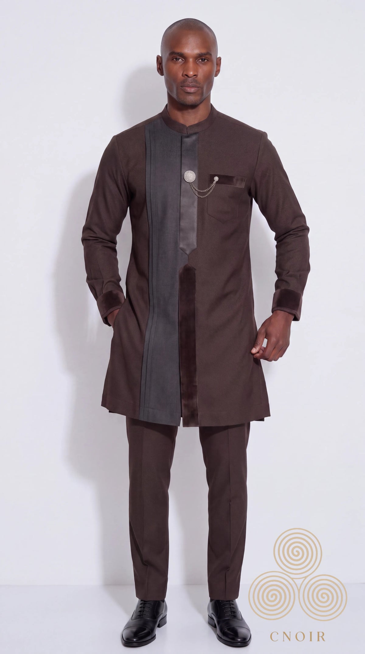 Chocolate Brown Satin-Panel Chain Kaftan