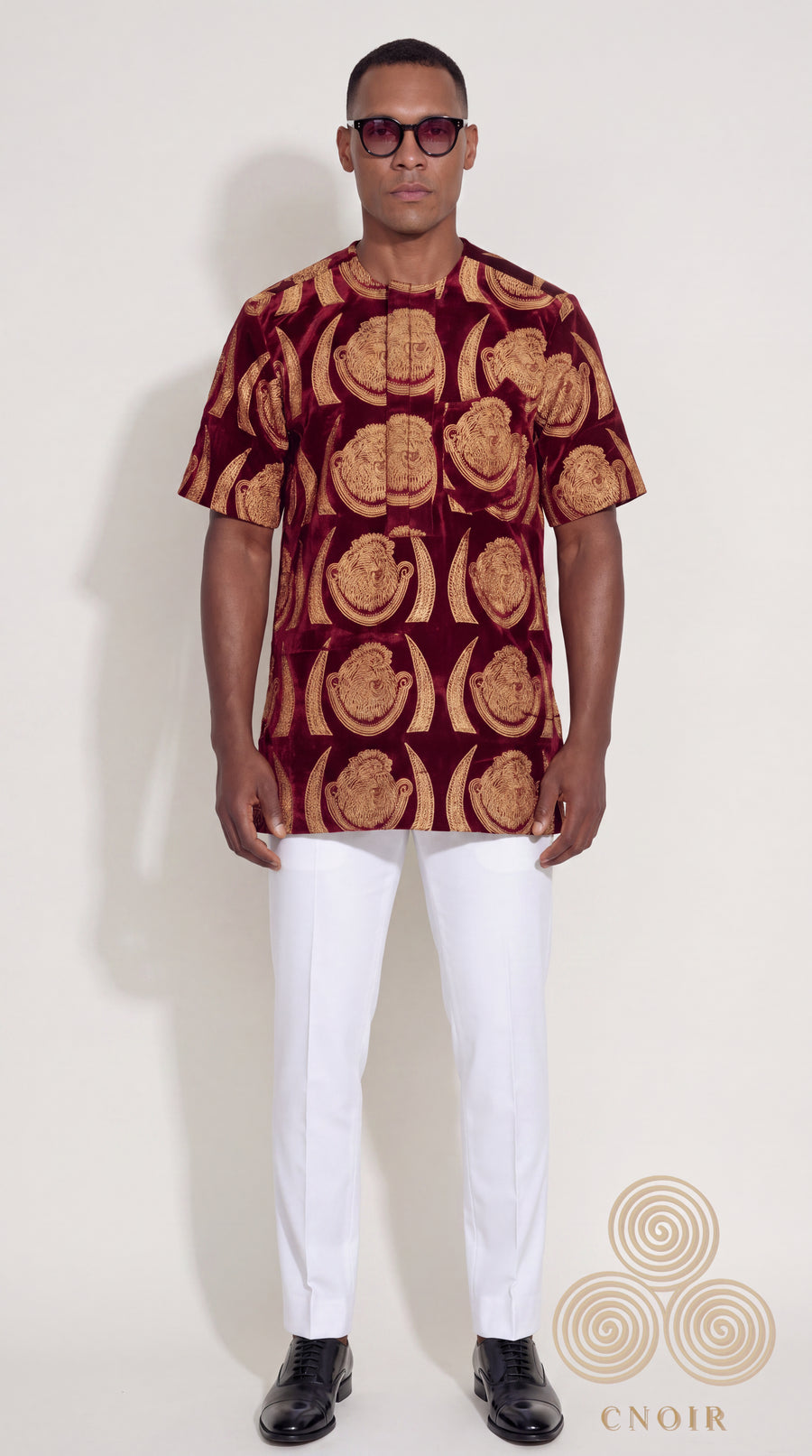 Velvet Isi Agu shirt with lion-head print in deep red — CNOIR