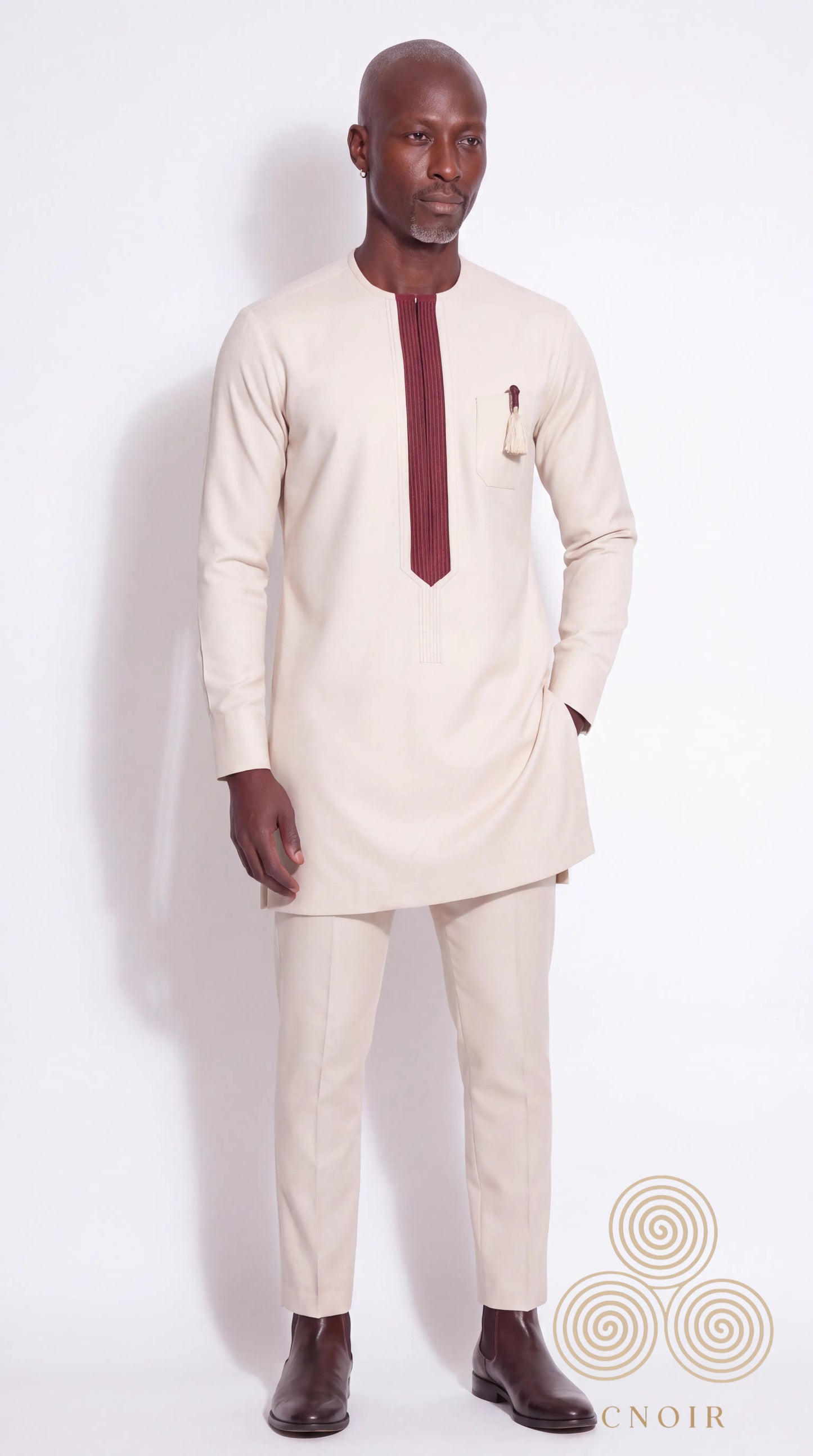Ivory Burgundy Pleat-Panel Kaftan