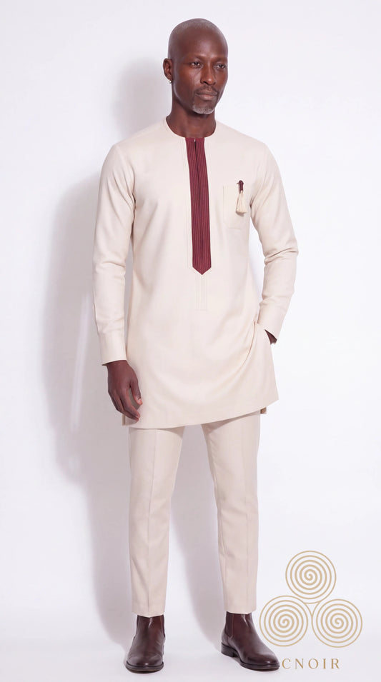 Ivory Burgundy Pleat-Panel Kaftan