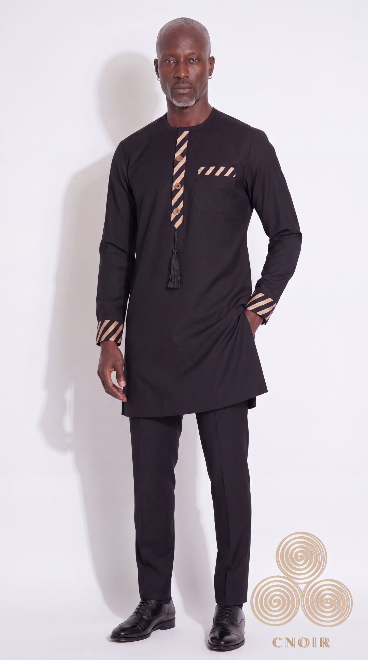 Black Champagne Stripe-Trim Tassel Kaftan