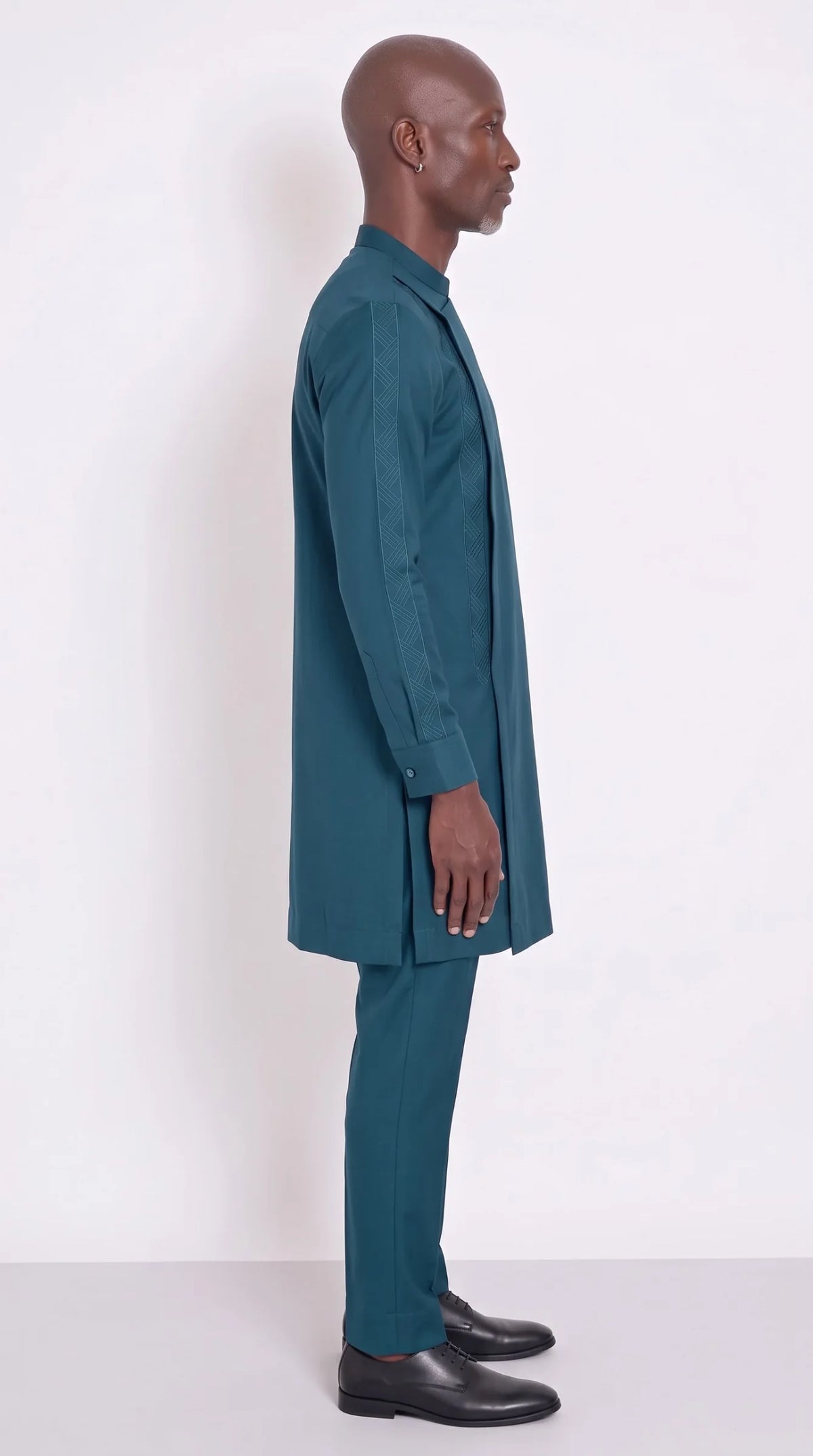 Teal Embroidered-Panel Kaftan Set — side profile view