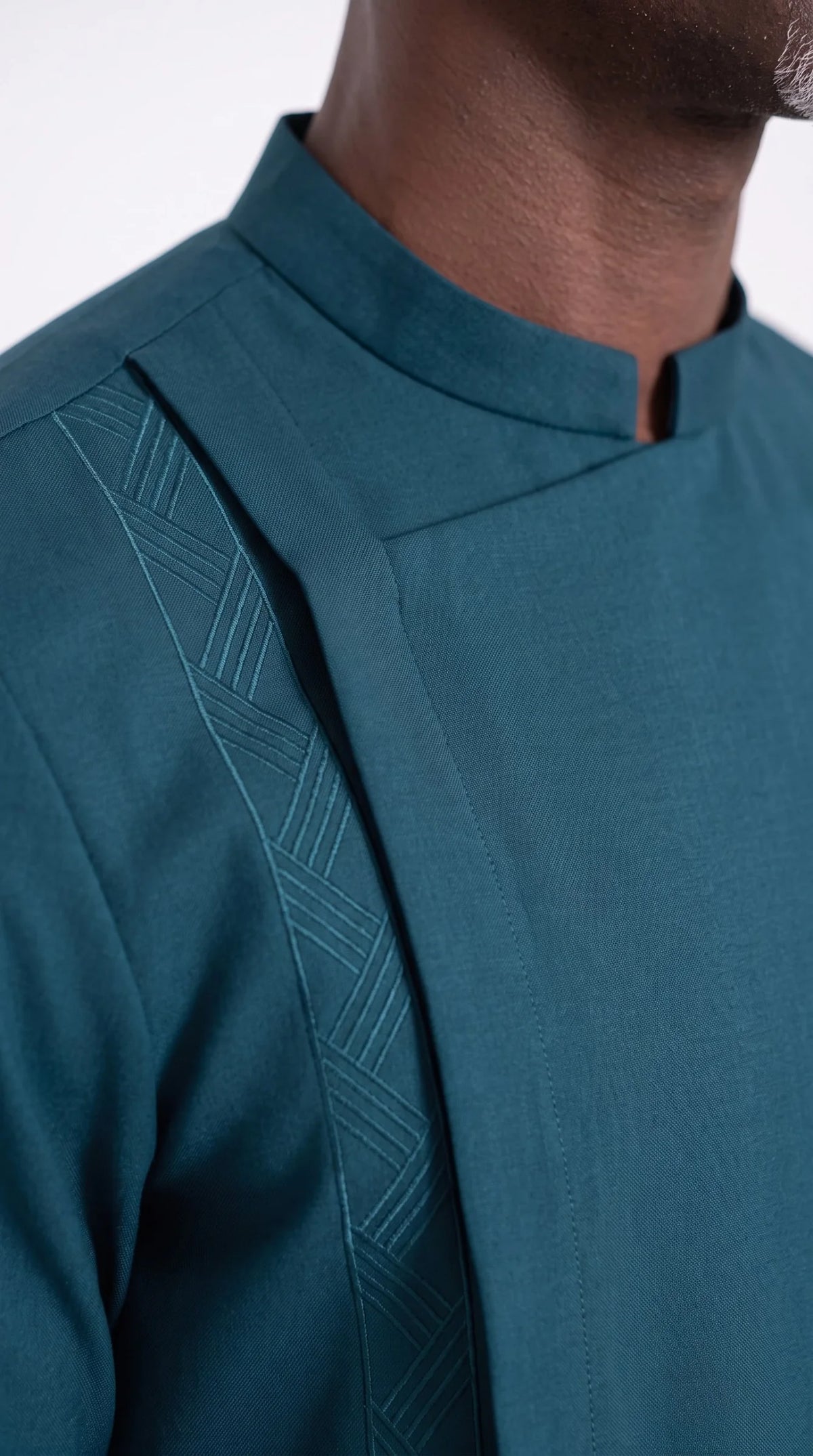 Teal Embroidered-Panel Kaftan Set — neckline and front detail