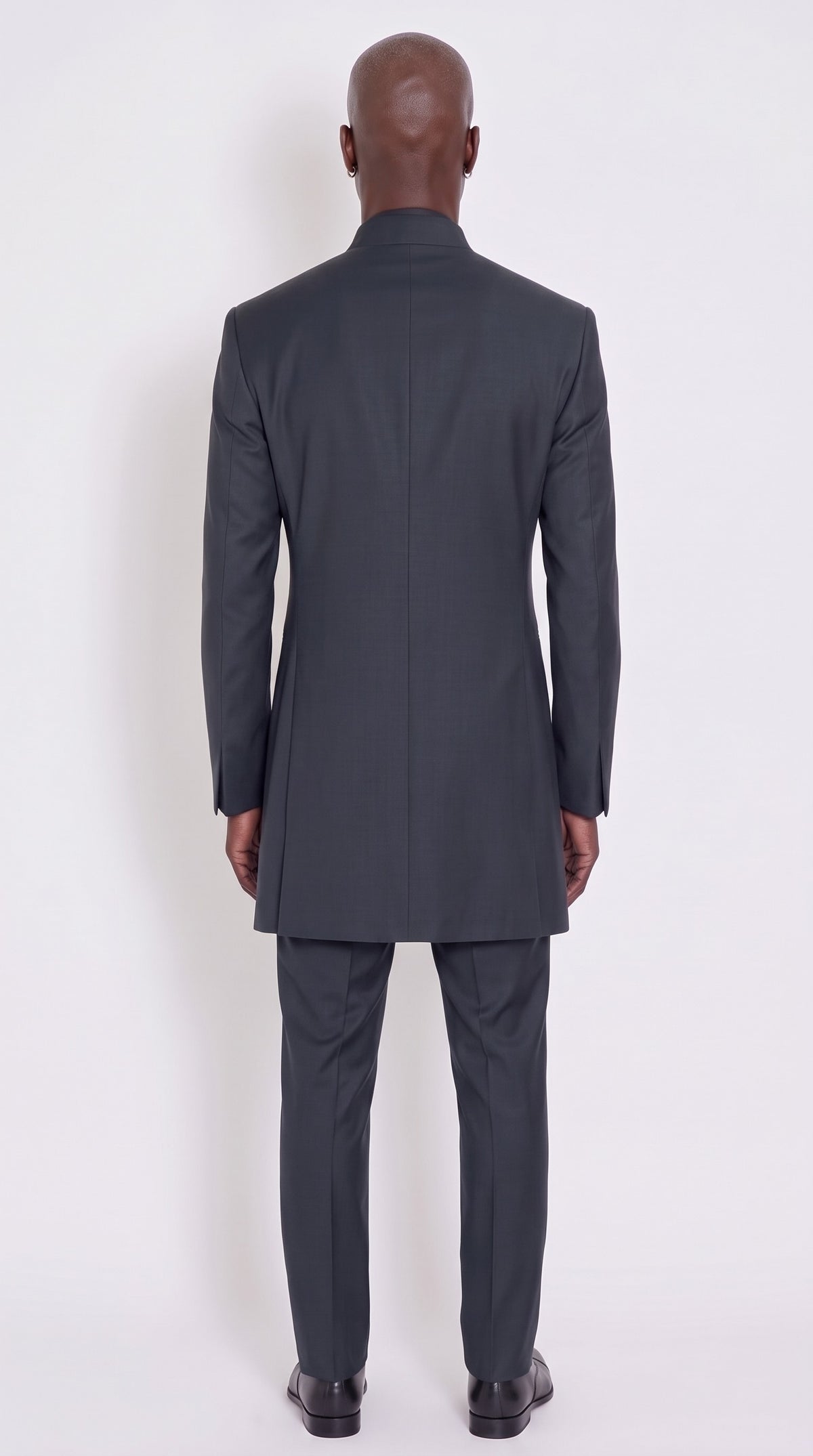 The Noir Aegis Suit — Channel-Stitched Mandarin Suit – back view, Christopher Noir