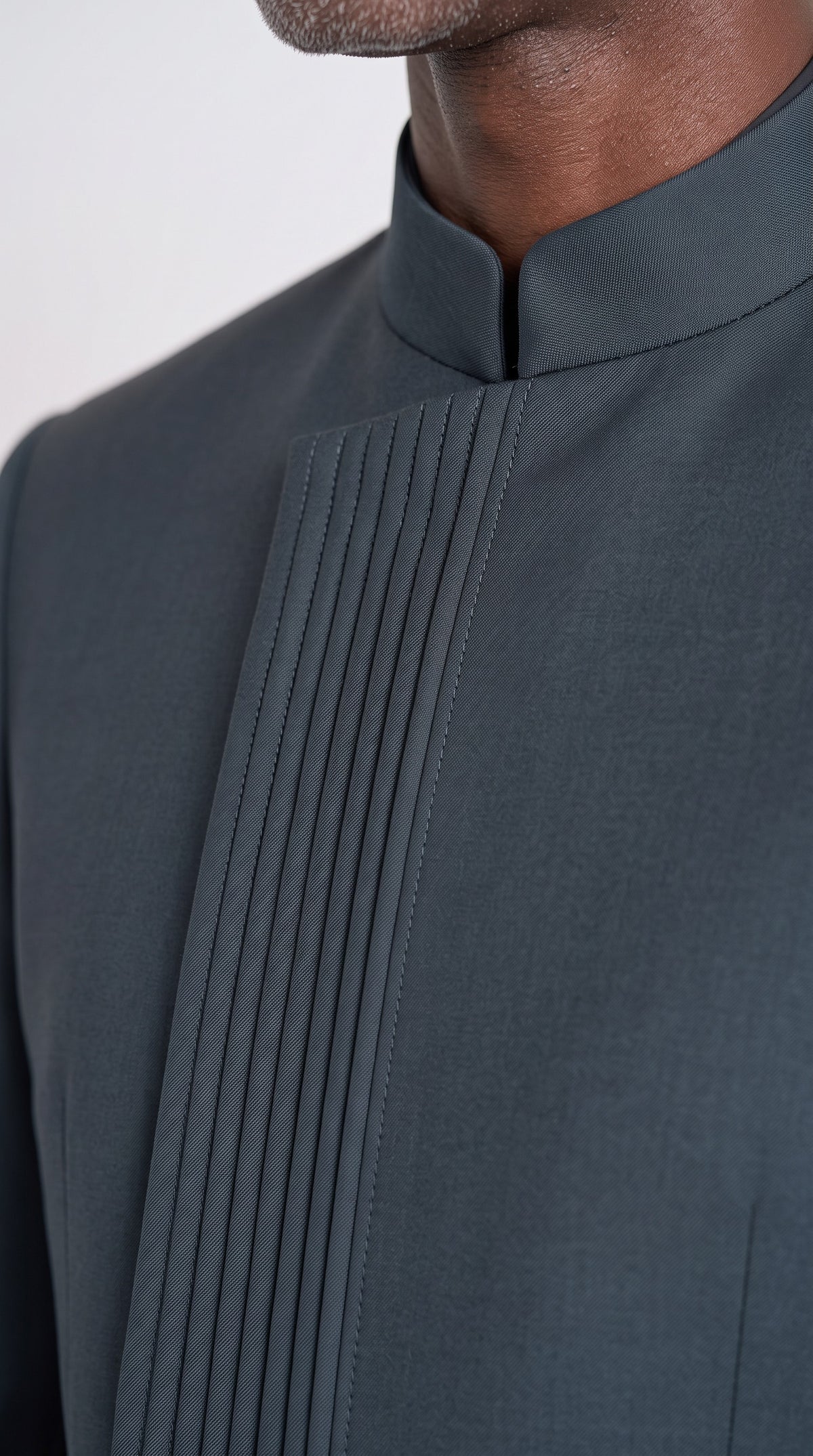 The Noir Aegis Suit — Channel-Stitched Mandarin Suit – fabric and tailoring detail close-up, Christopher Noir