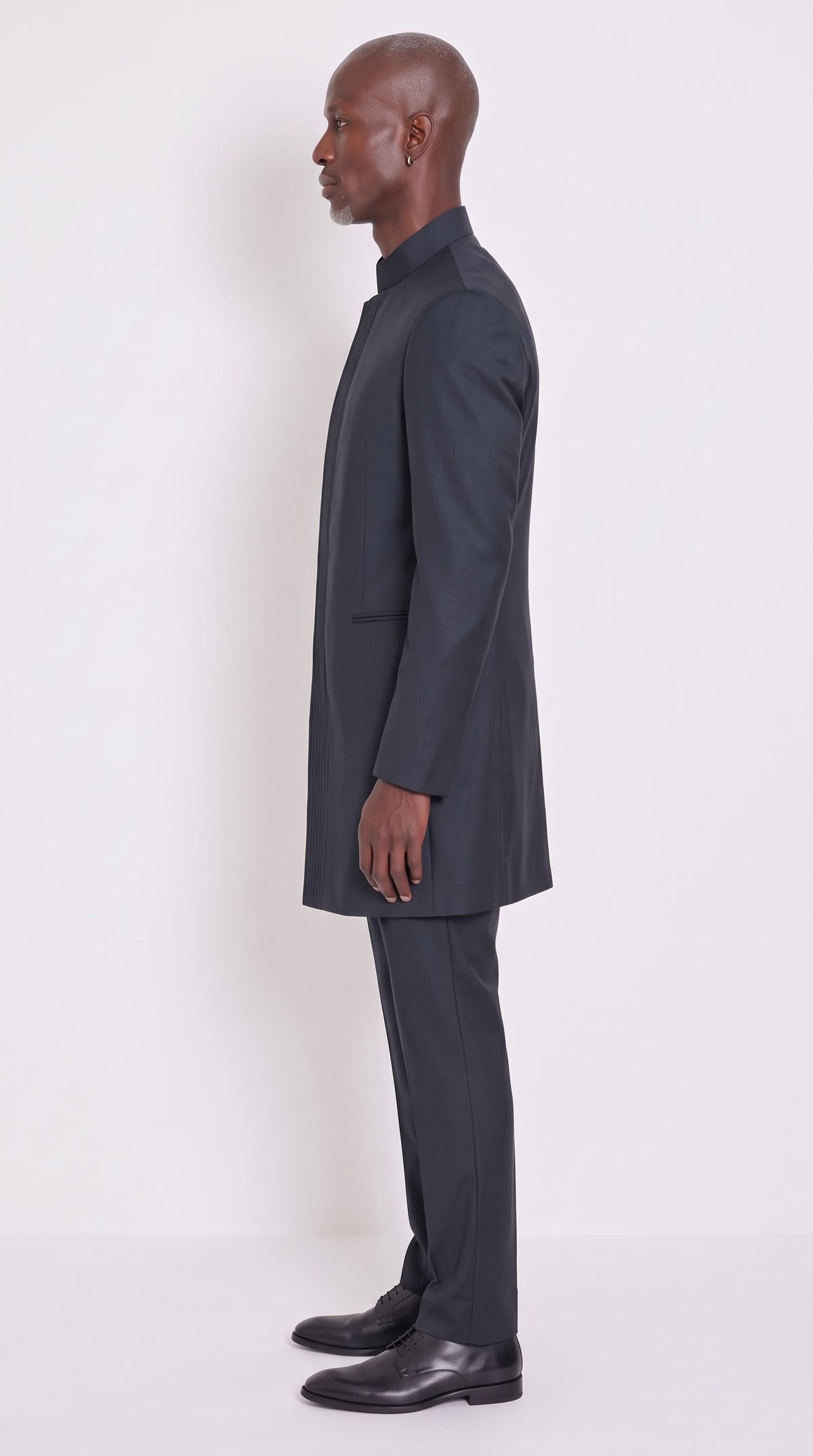 The Noir Aegis Suit — Channel-Stitched Mandarin Suit – side profile view, Christopher Noir