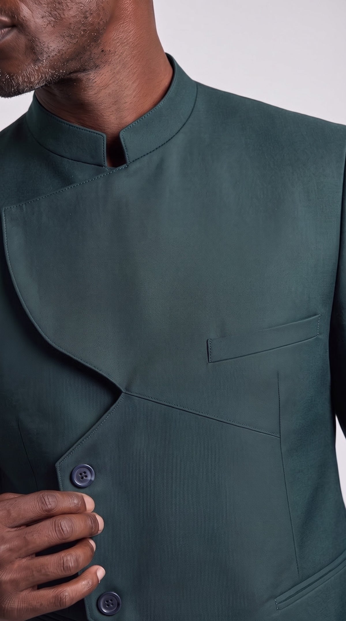 The Noir Asymmetra II Suit — Green Angular-Panel Suit – fabric and tailoring detail close-up, Christopher Noir