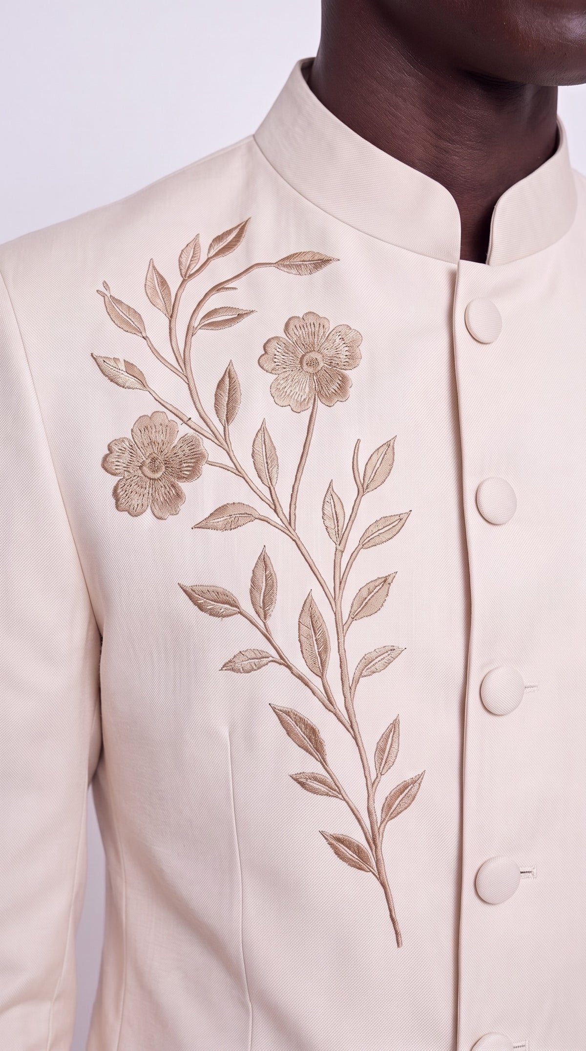 The Noir Aurelia Suit — Ivory & Gold Embroidered Suit – fabric and tailoring detail close-up, Christopher Noir