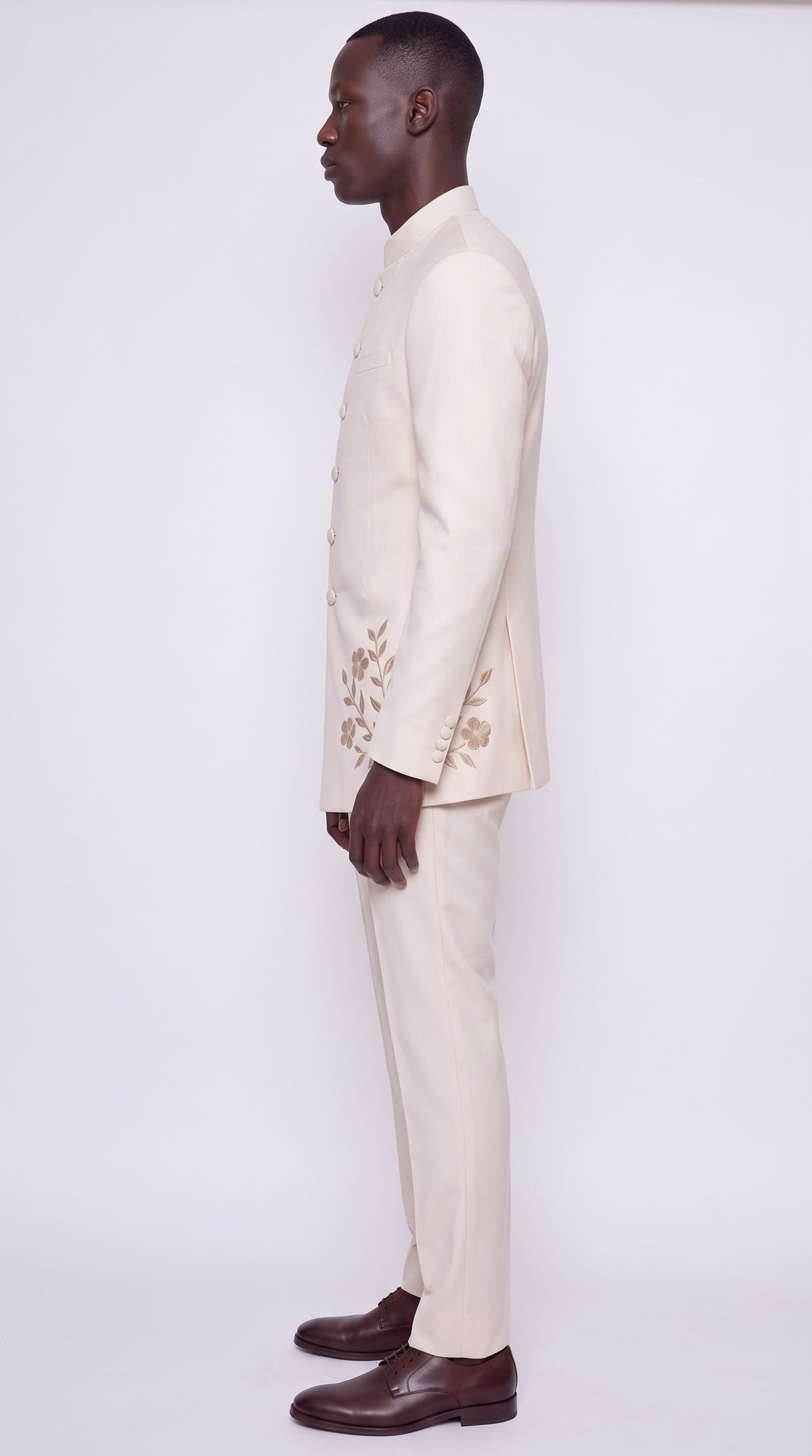 The Noir Aurelia Suit — Ivory & Gold Embroidered Suit – side profile view, Christopher Noir