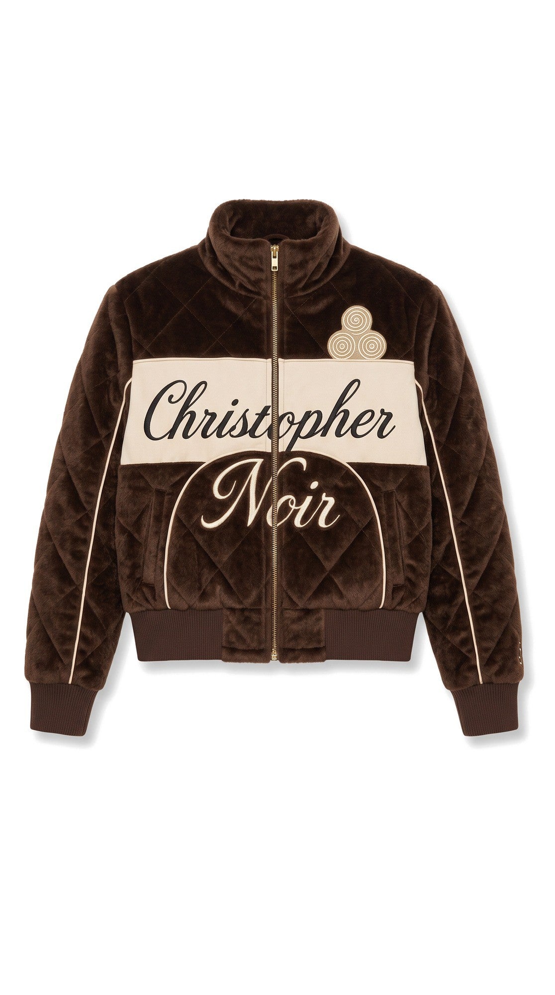 The Noir Berneray — Chocolate Velvet Quilted Signature Bomber Jacket – flatlay, Christopher Noir
