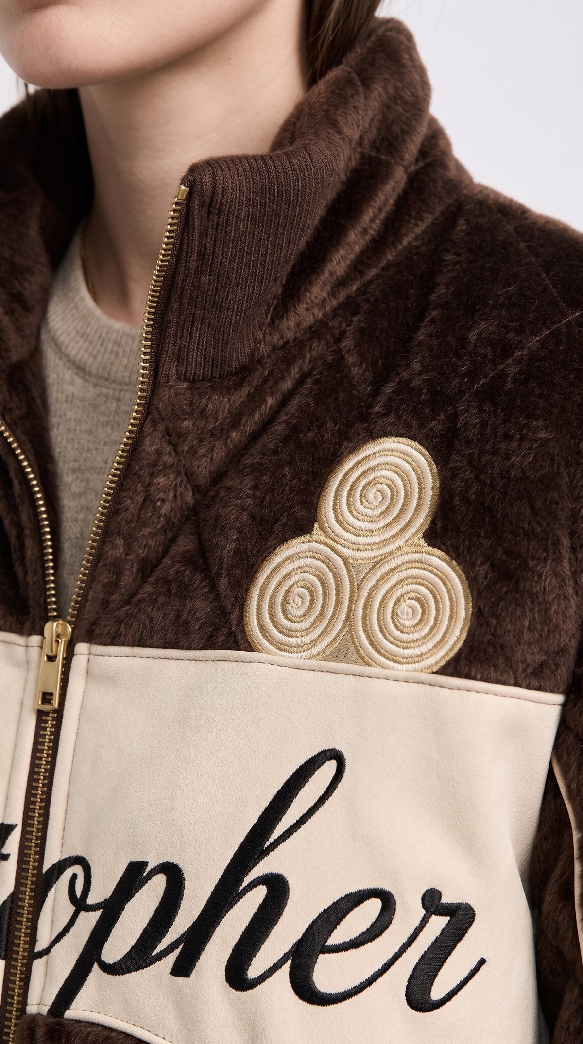 The Noir Berneray — Chocolate Velvet Quilted Signature Bomber Jacket – detail close-up, Christopher Noir