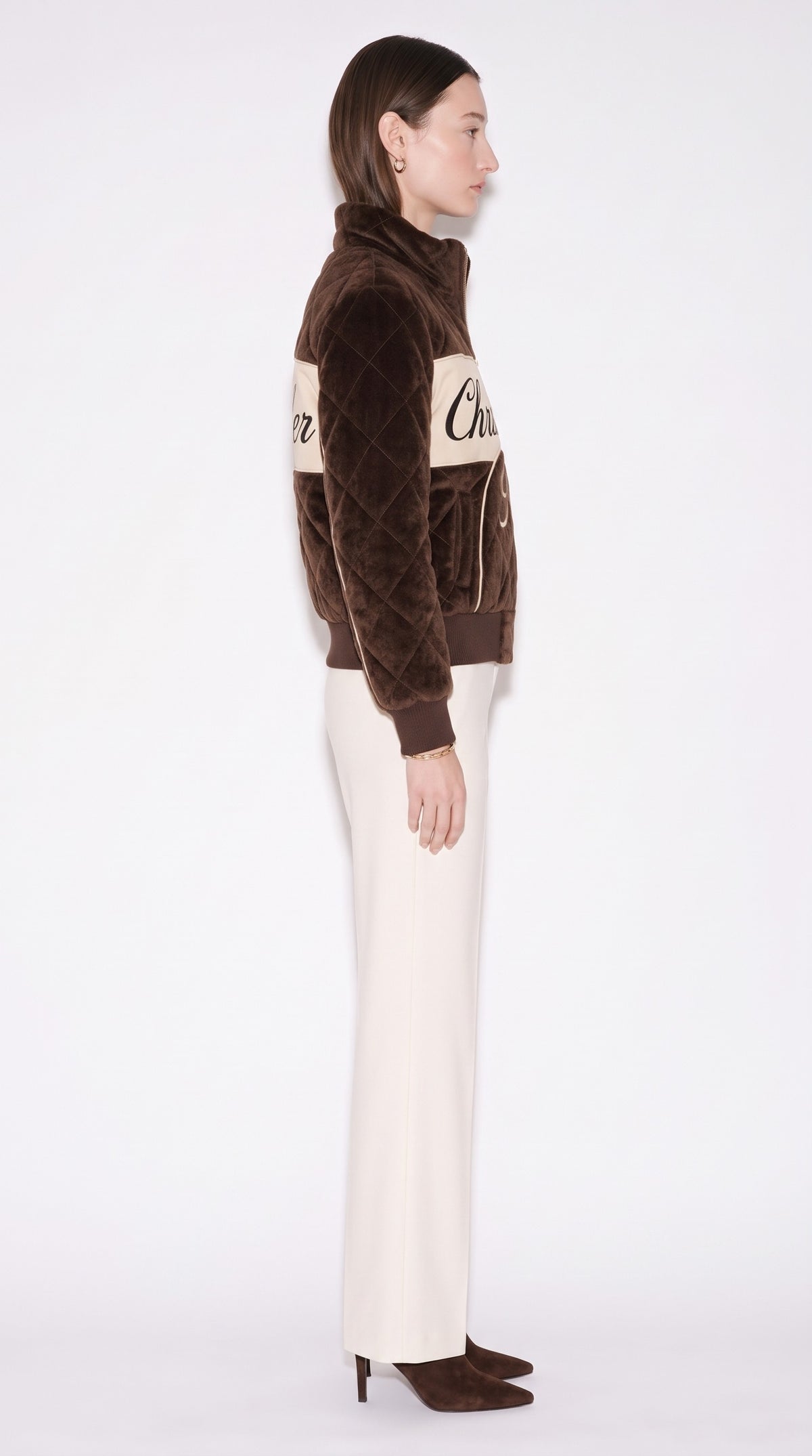 The Noir Berneray — Chocolate Velvet Quilted Signature Bomber Jacket – side profile, Christopher Noir