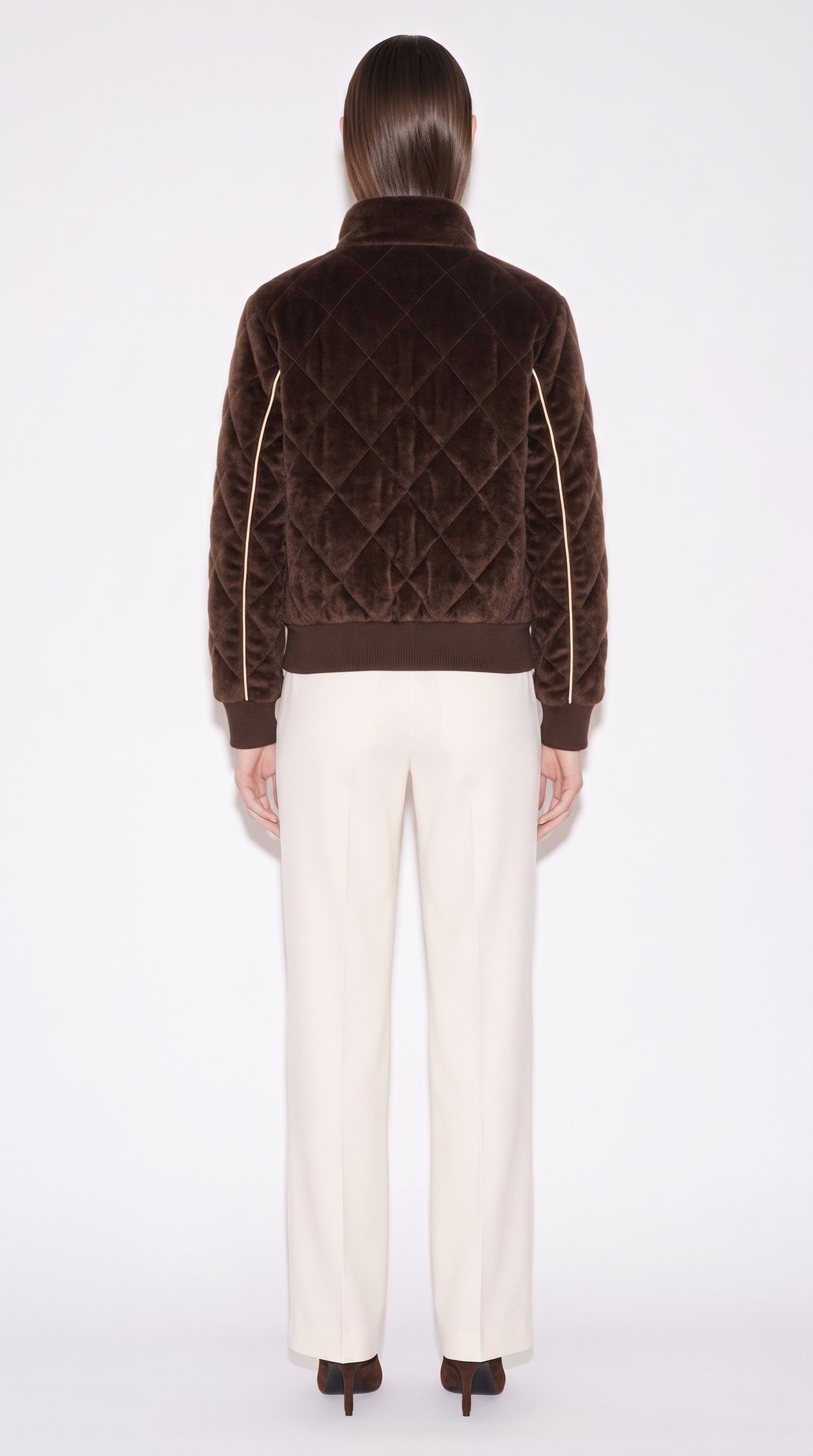 The Noir Berneray — Chocolate Velvet Quilted Signature Bomber Jacket – back view, Christopher Noir