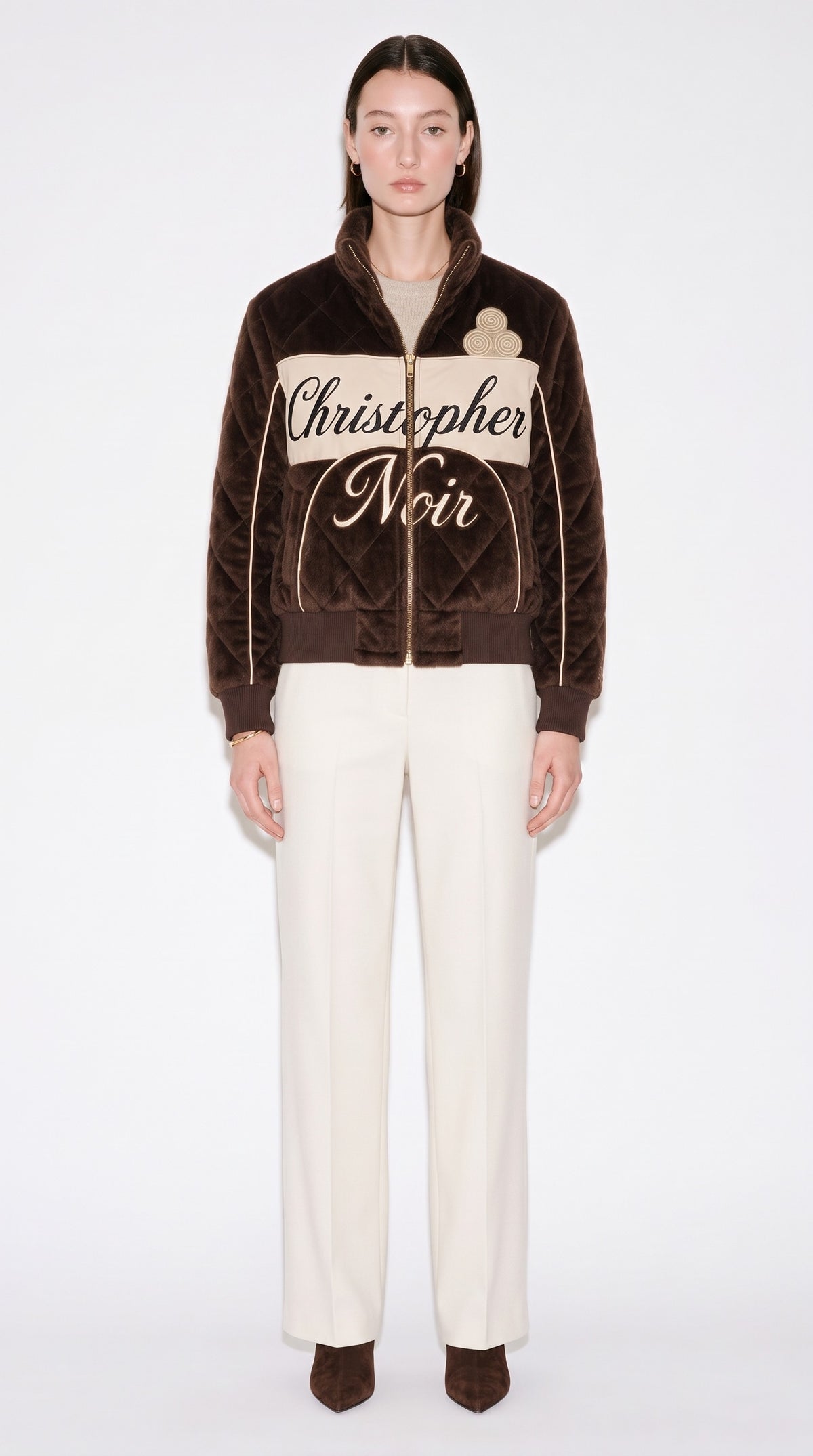 The Noir Berneray — Chocolate Velvet Quilted Signature Bomber Jacket – on model, Christopher Noir
