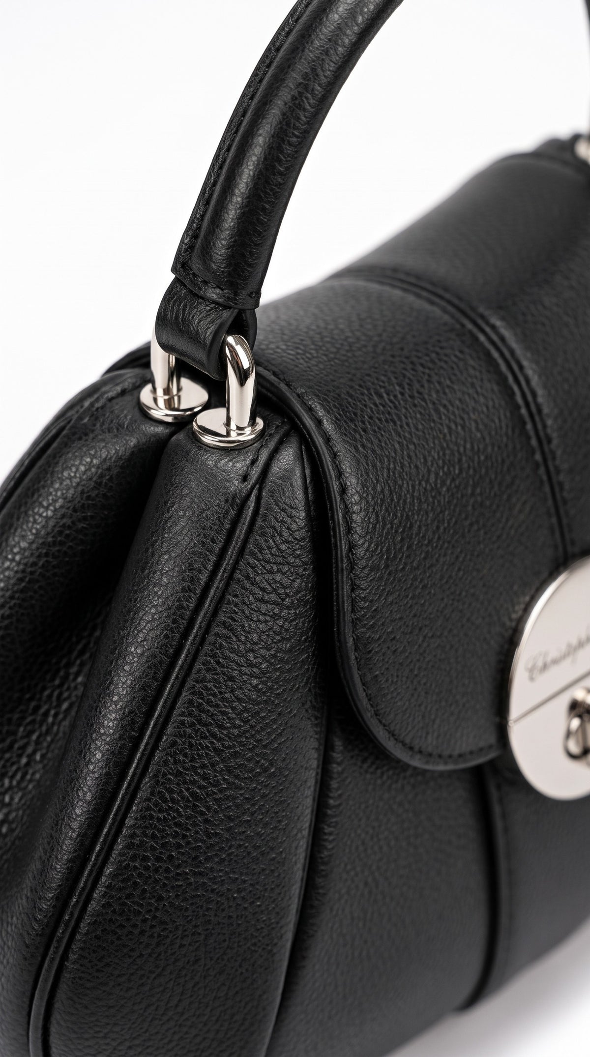 The Noir Bibury — Black Dome Top-Handle Handbag – detail close-up, Christopher Noir