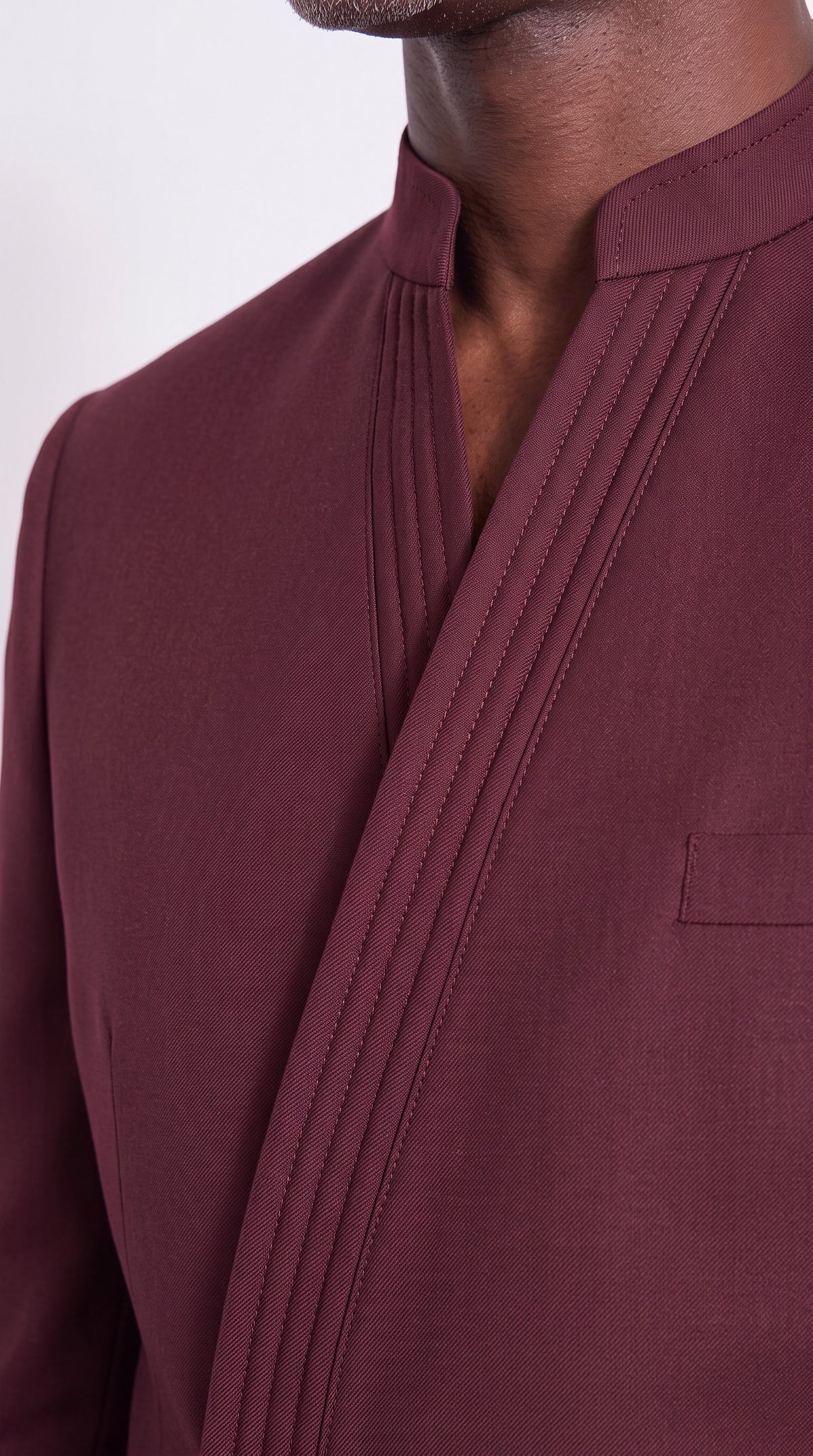 The Noir Cardinal Suit — Burgundy Corded Wrap-Front Suit – fabric and tailoring detail close-up, Christopher Noir
