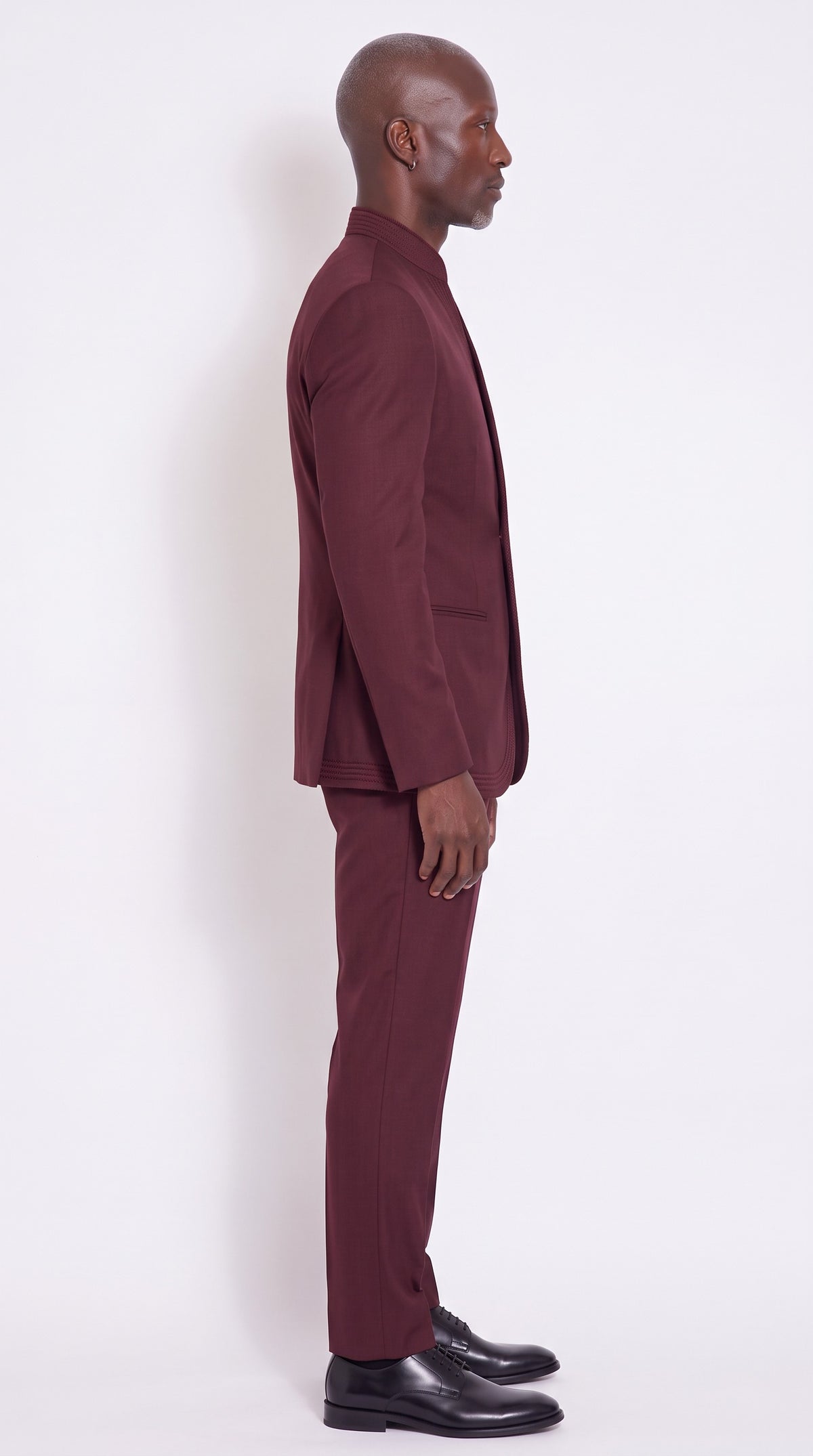 The Noir Cardinal Suit — Burgundy Corded Wrap-Front Suit – side profile view, Christopher Noir